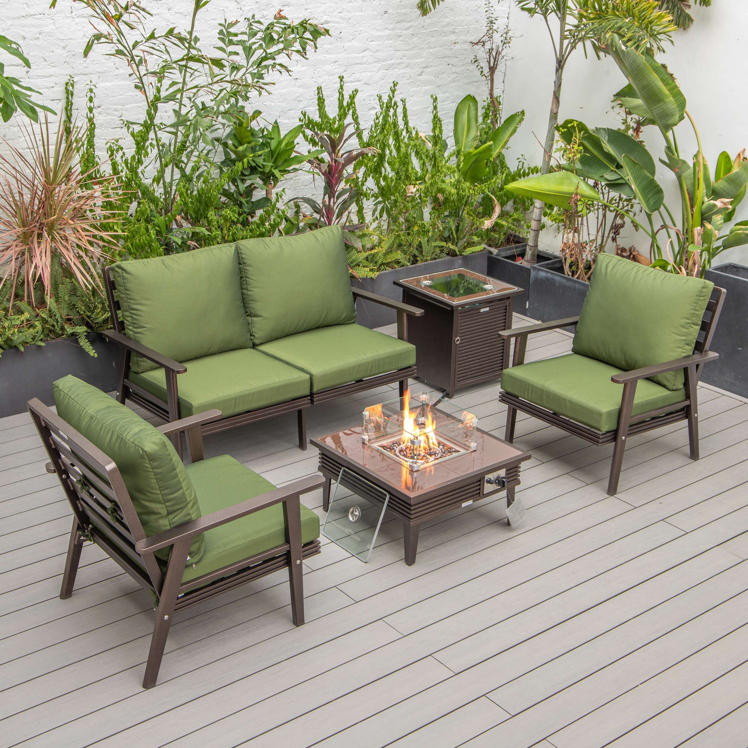 LeisureMod Walbrooke Modern Brown Patio Conversation With Square Fire Pit & Tank Holder - Image 154