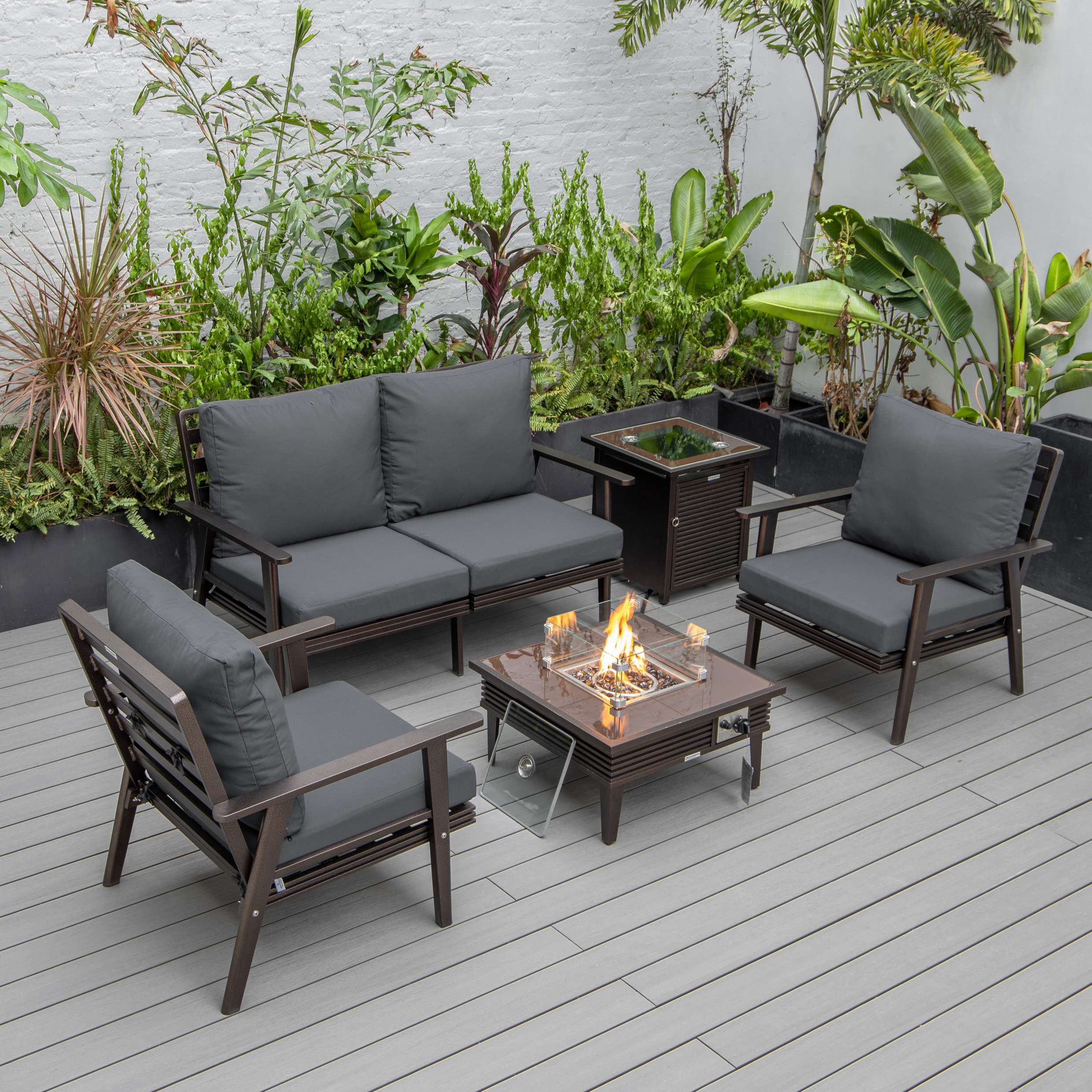 LeisureMod Walbrooke Modern Brown Patio Conversation With Square Fire Pit & Tank Holder - Image 17