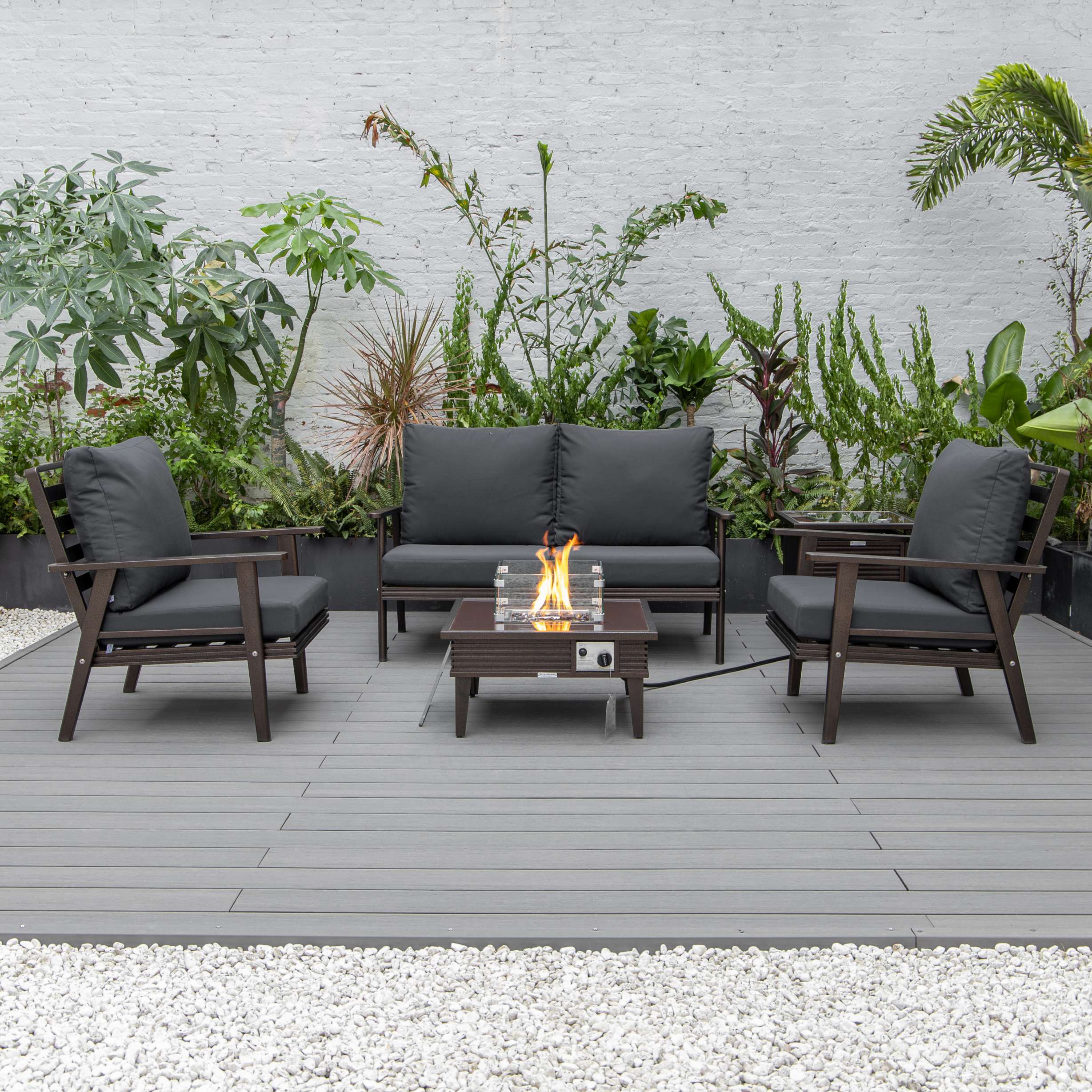 LeisureMod Walbrooke Modern Brown Patio Conversation With Square Fire Pit & Tank Holder - Image 18