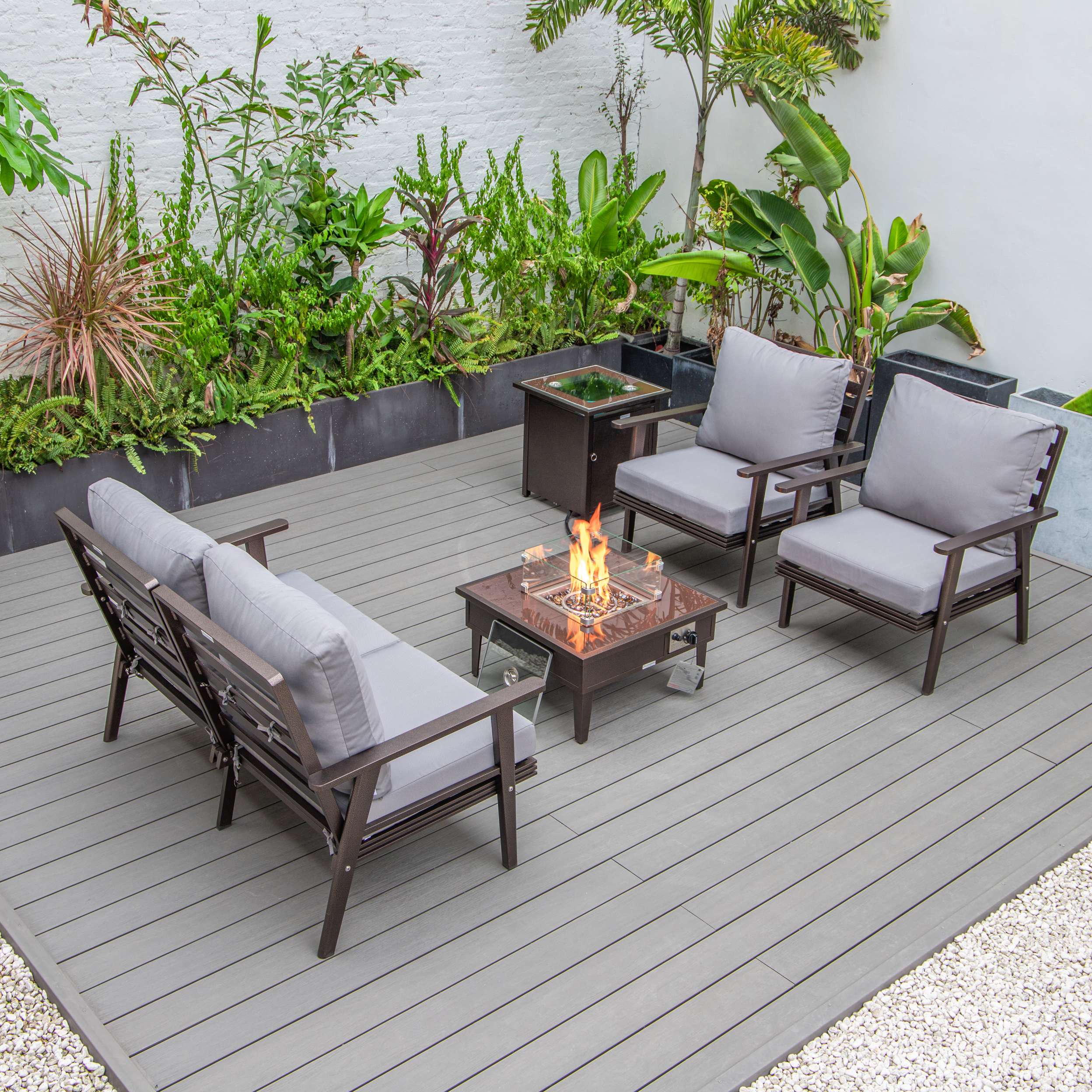 LeisureMod Walbrooke Modern Brown Patio Conversation With Square Fire Pit & Tank Holder - Image 184
