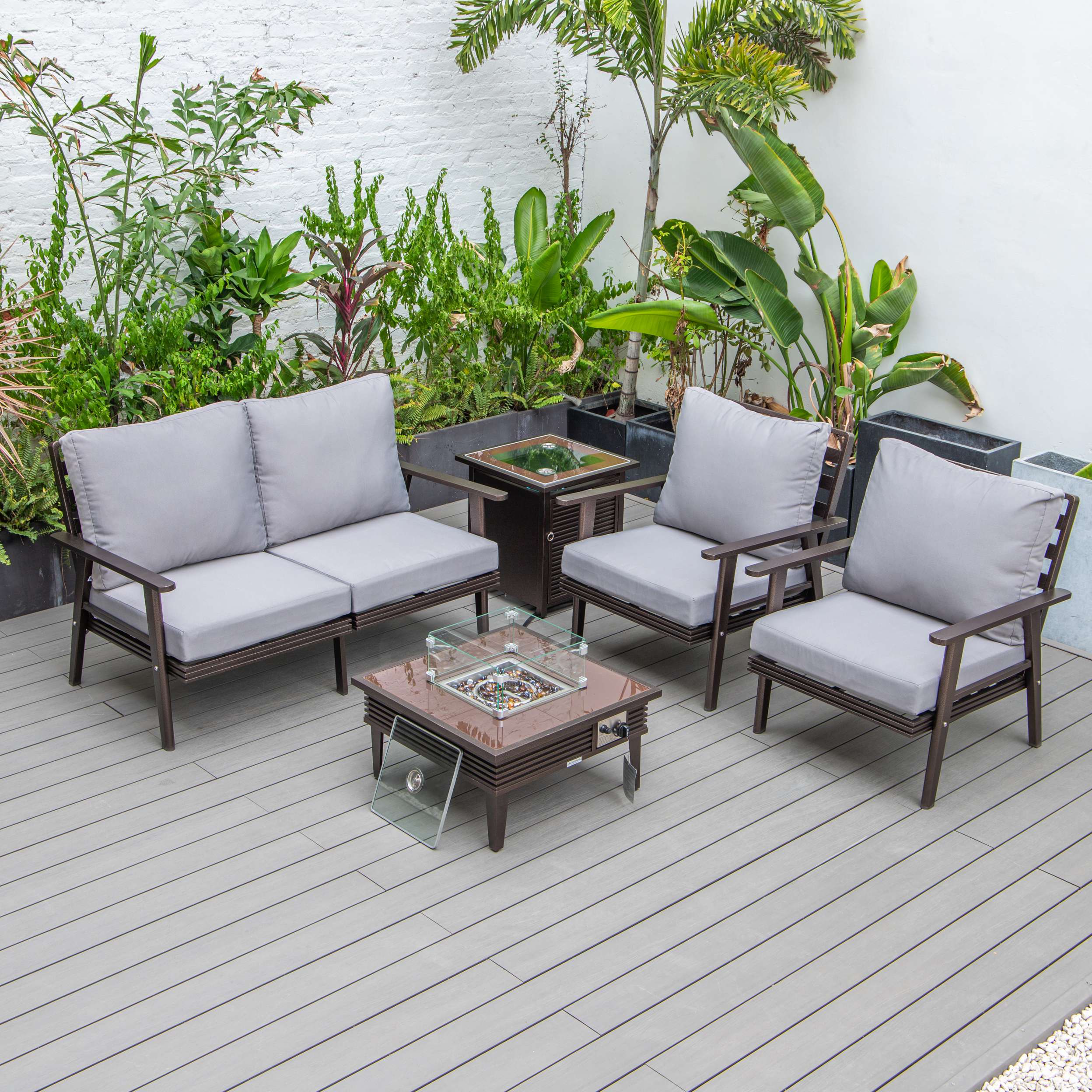 LeisureMod Walbrooke Modern Brown Patio Conversation With Square Fire Pit & Tank Holder - Image 191