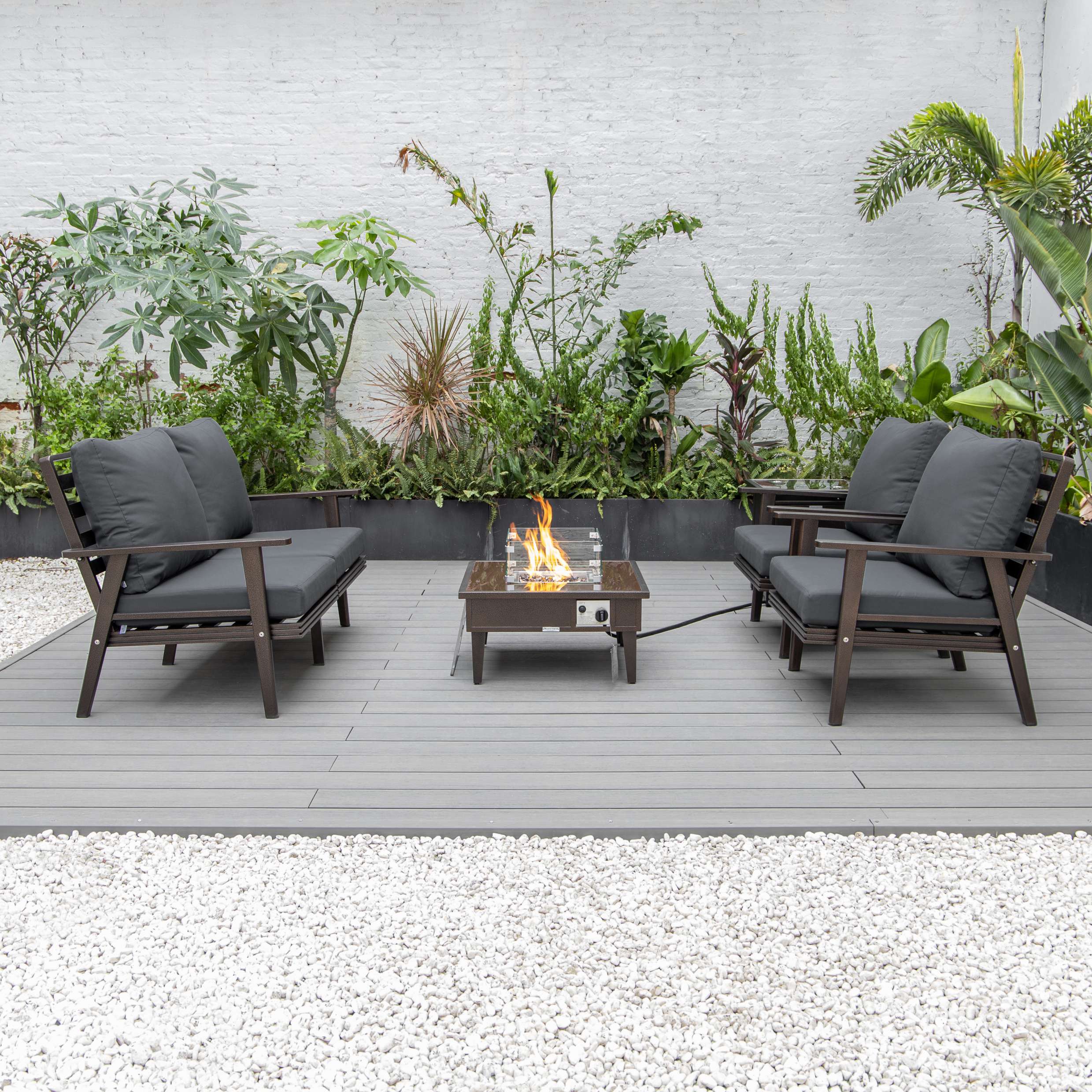 LeisureMod Walbrooke Modern Brown Patio Conversation With Square Fire Pit & Tank Holder - Image 2