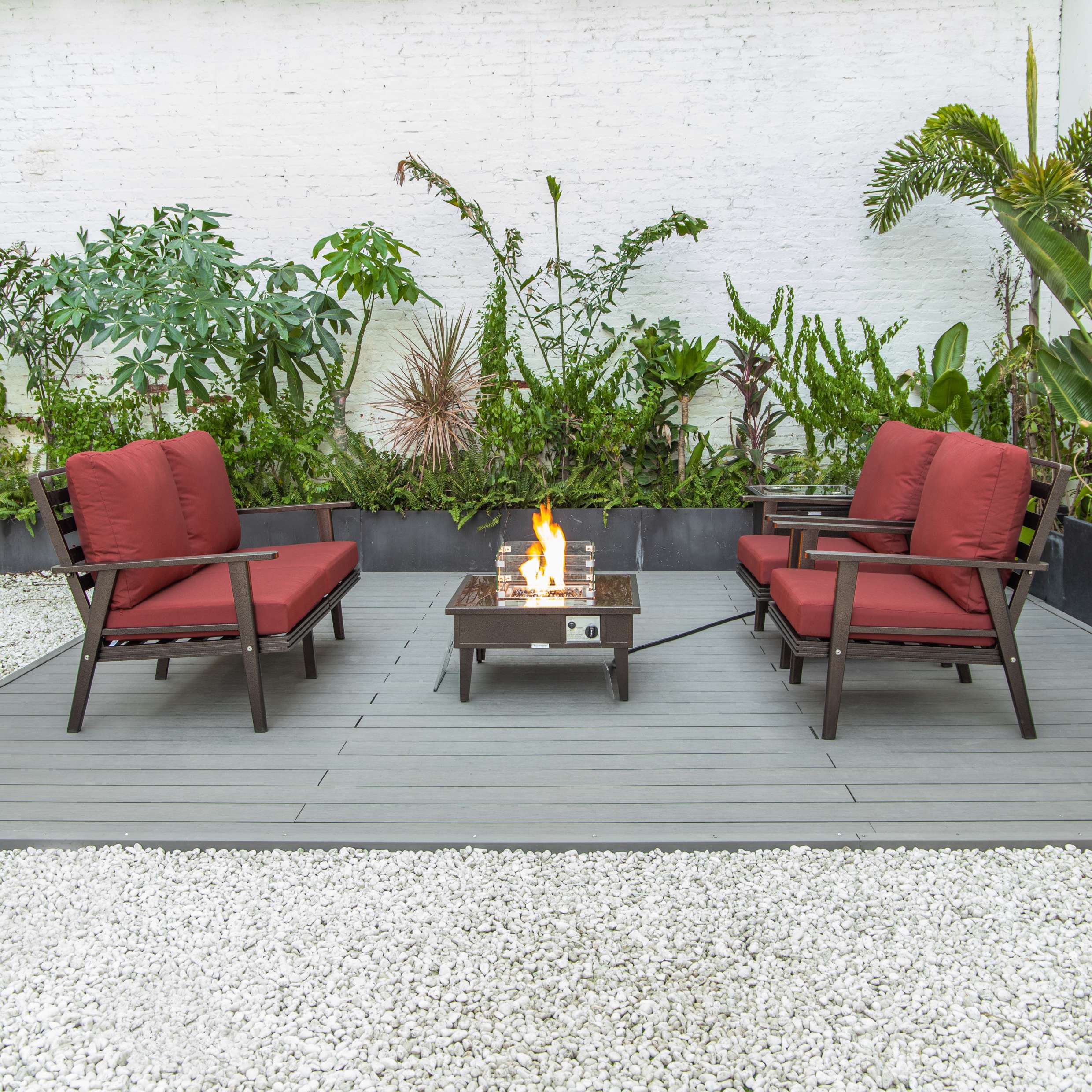 LeisureMod Walbrooke Modern Brown Patio Conversation With Square Fire Pit & Tank Holder - Image 206