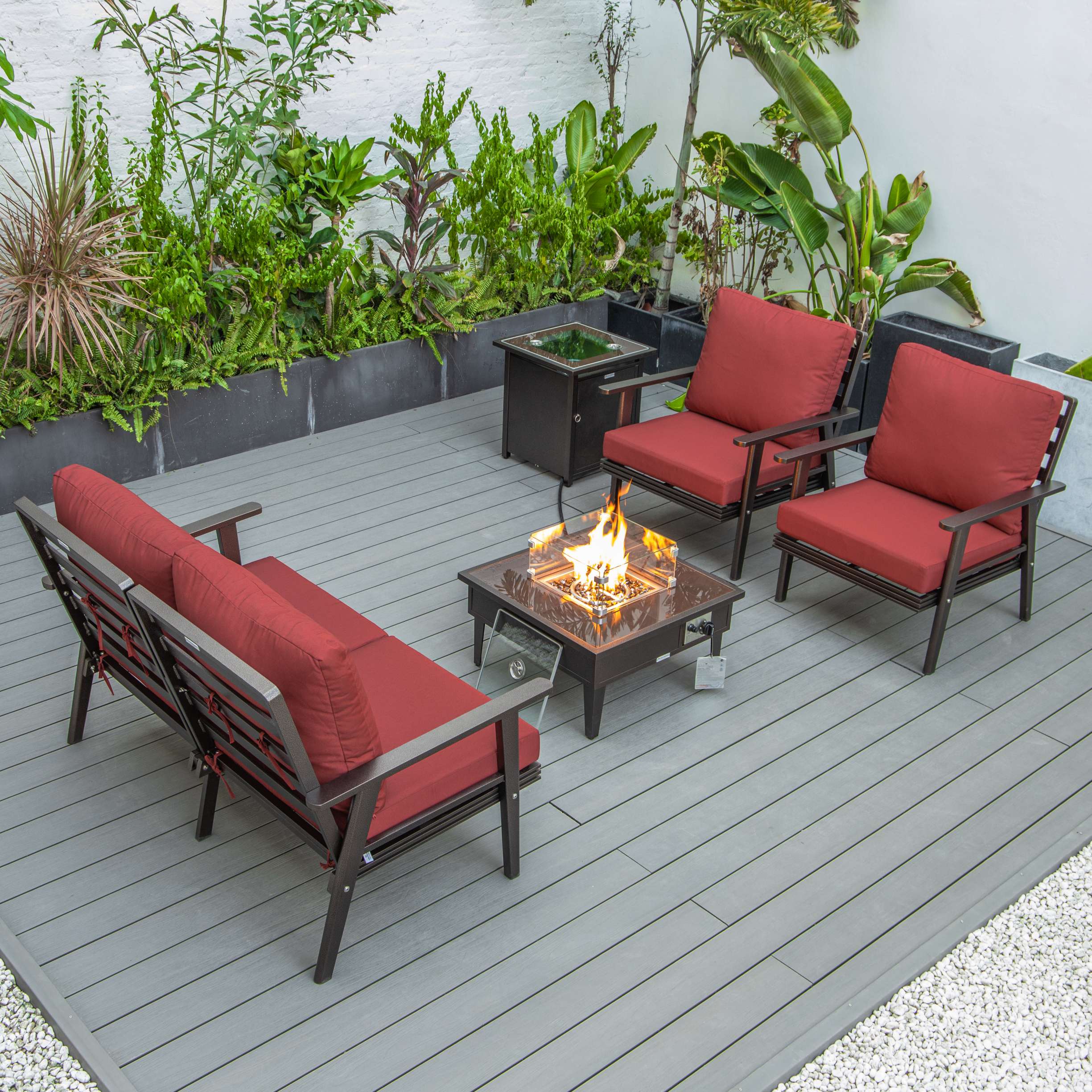 LeisureMod Walbrooke Modern Brown Patio Conversation With Square Fire Pit & Tank Holder - Image 207