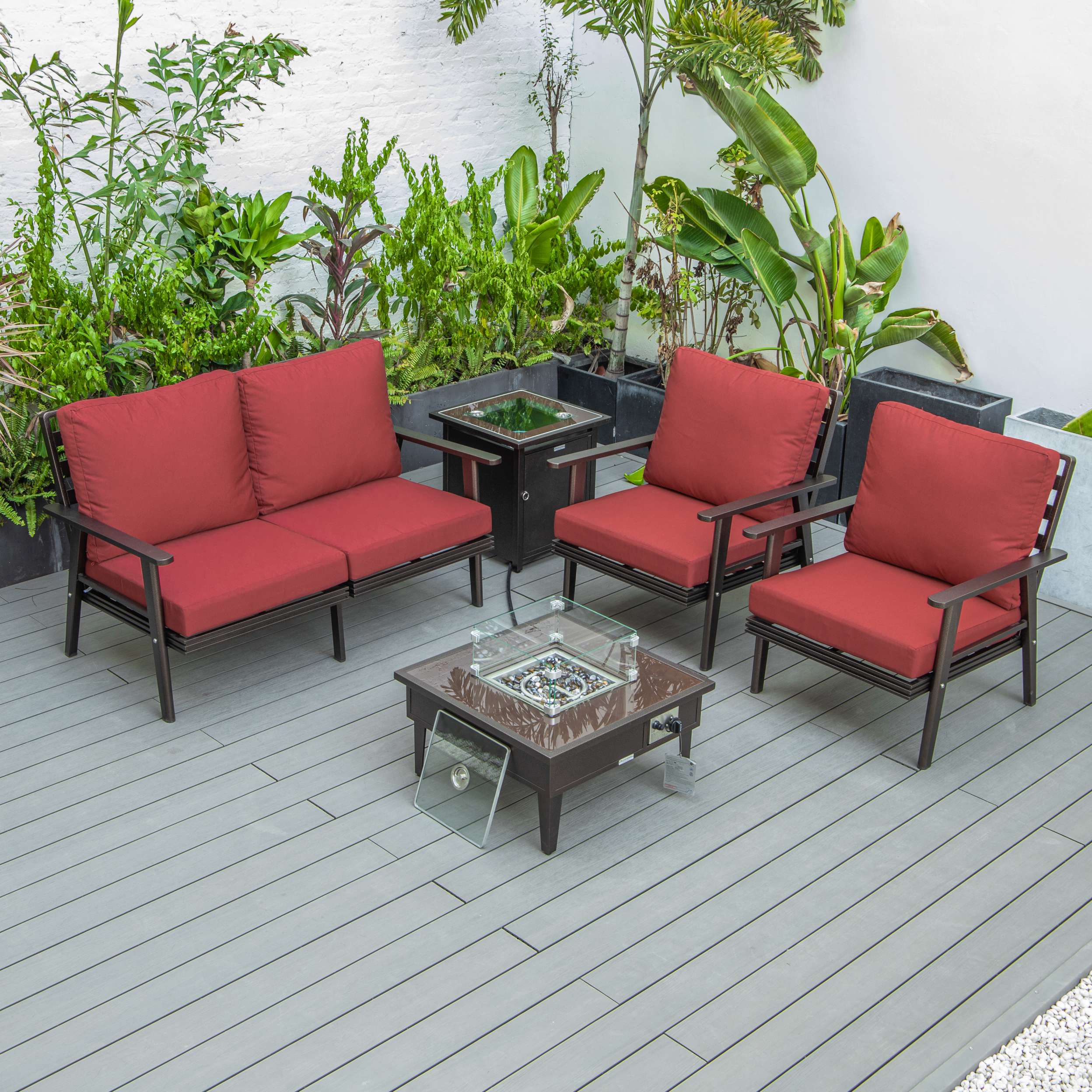 LeisureMod Walbrooke Modern Brown Patio Conversation With Square Fire Pit & Tank Holder - Image 208