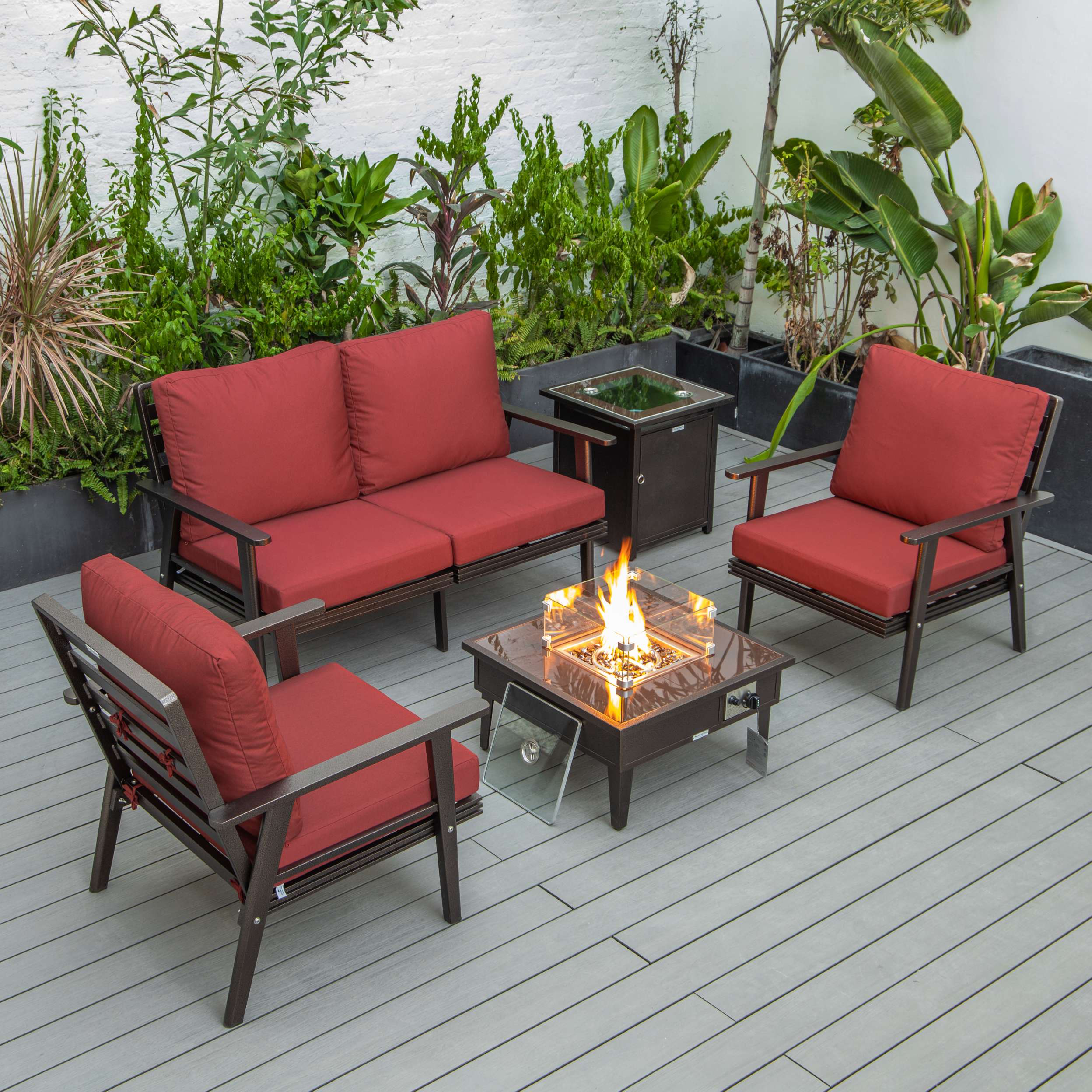 LeisureMod Walbrooke Modern Brown Patio Conversation With Square Fire Pit & Tank Holder - Image 209