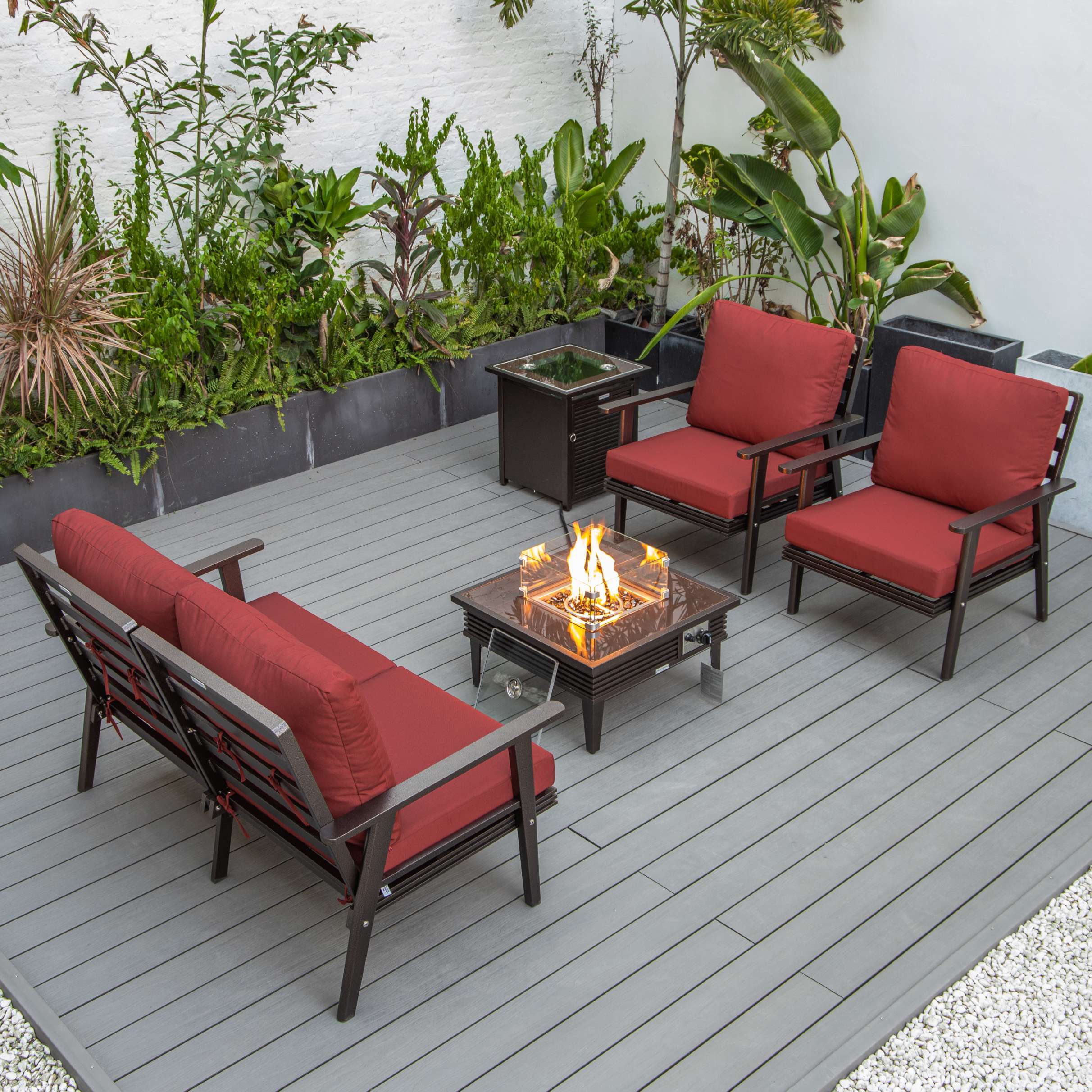 LeisureMod Walbrooke Modern Brown Patio Conversation With Square Fire Pit & Tank Holder - Image 210