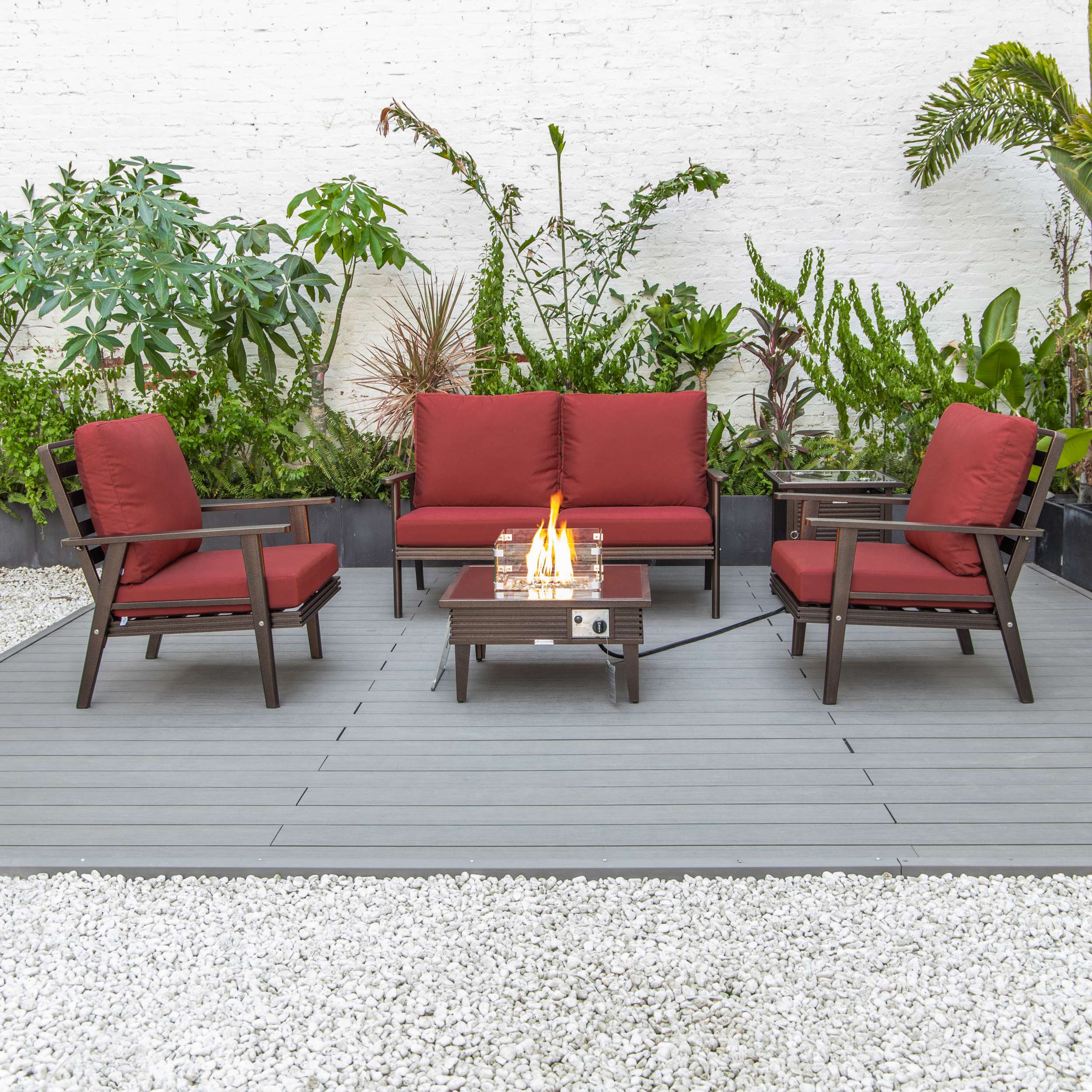 LeisureMod Walbrooke Modern Brown Patio Conversation With Square Fire Pit & Tank Holder - Image 214