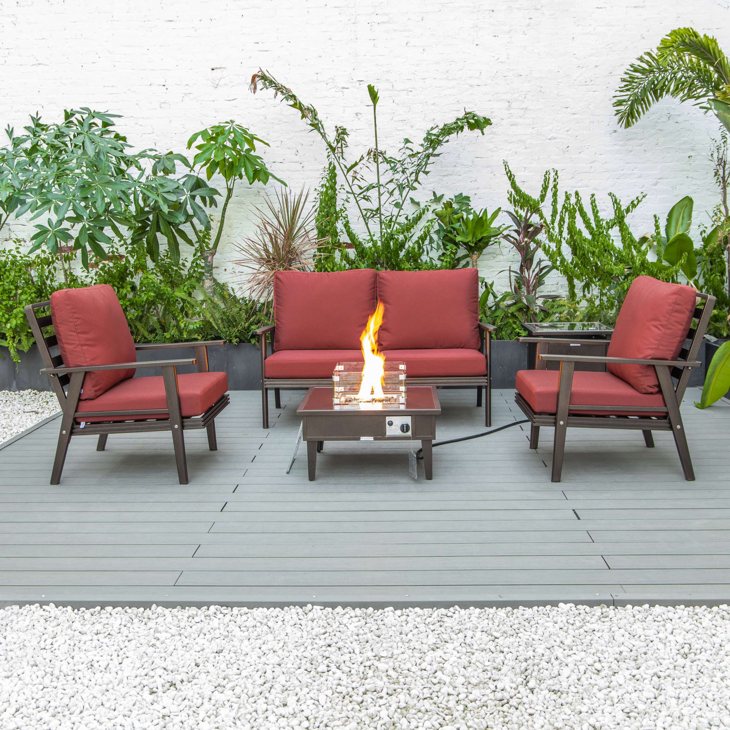 LeisureMod Walbrooke Modern Brown Patio Conversation With Square Fire Pit & Tank Holder - Image 215