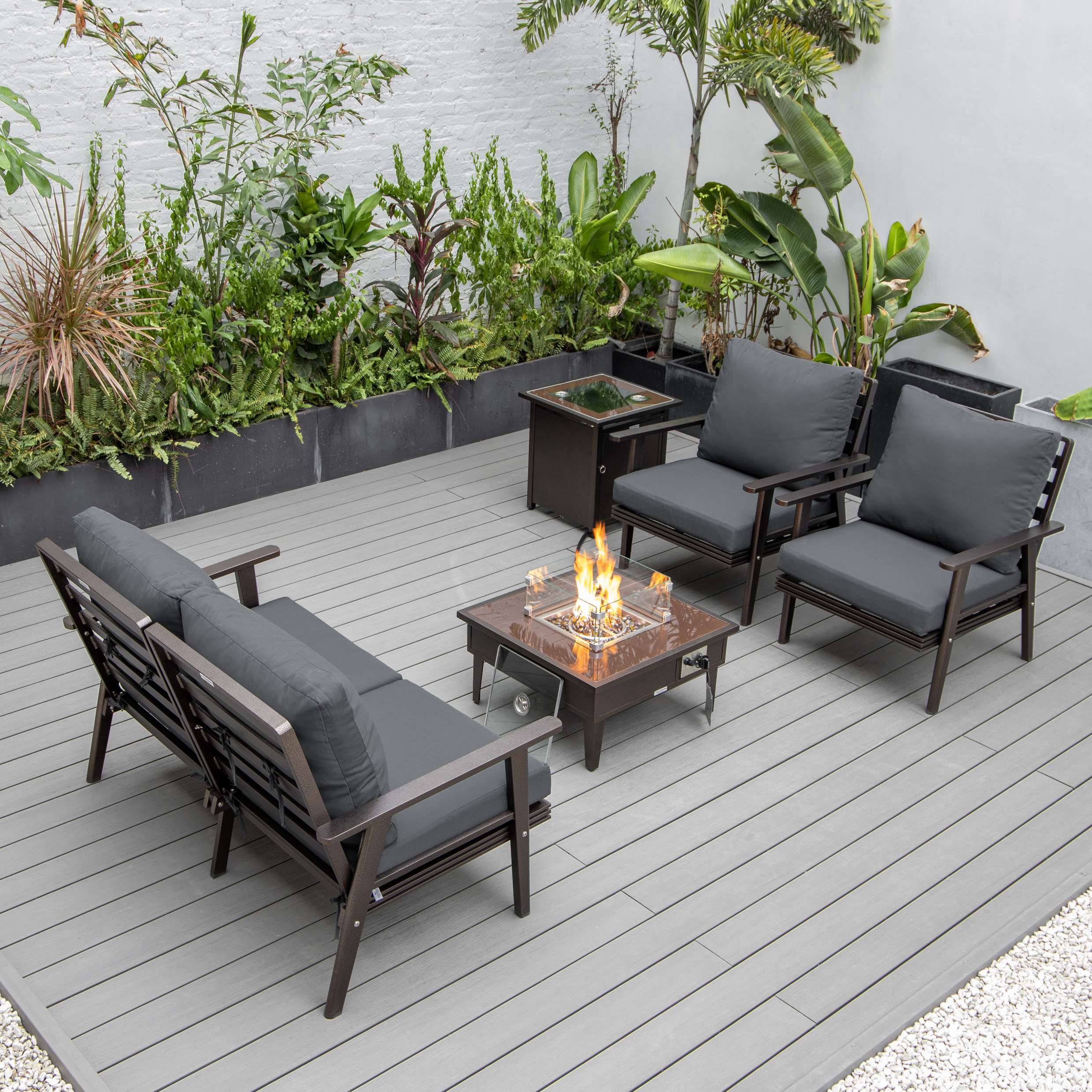 LeisureMod Walbrooke Modern Brown Patio Conversation With Square Fire Pit & Tank Holder - Image 3