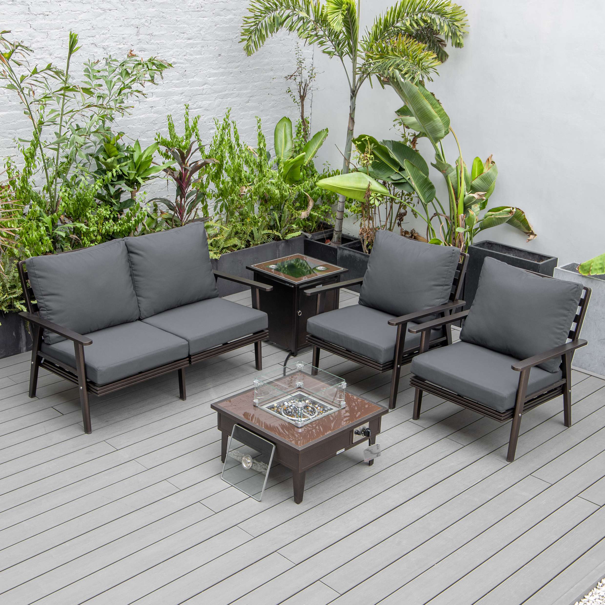 LeisureMod Walbrooke Modern Brown Patio Conversation With Square Fire Pit & Tank Holder - Image 4