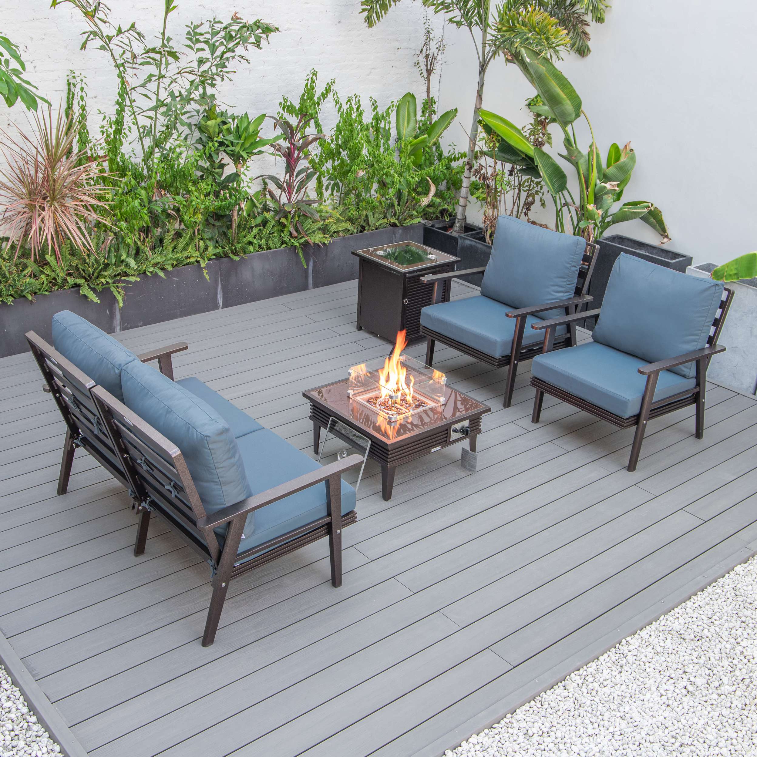 LeisureMod Walbrooke Modern Brown Patio Conversation With Square Fire Pit & Tank Holder - Image 44