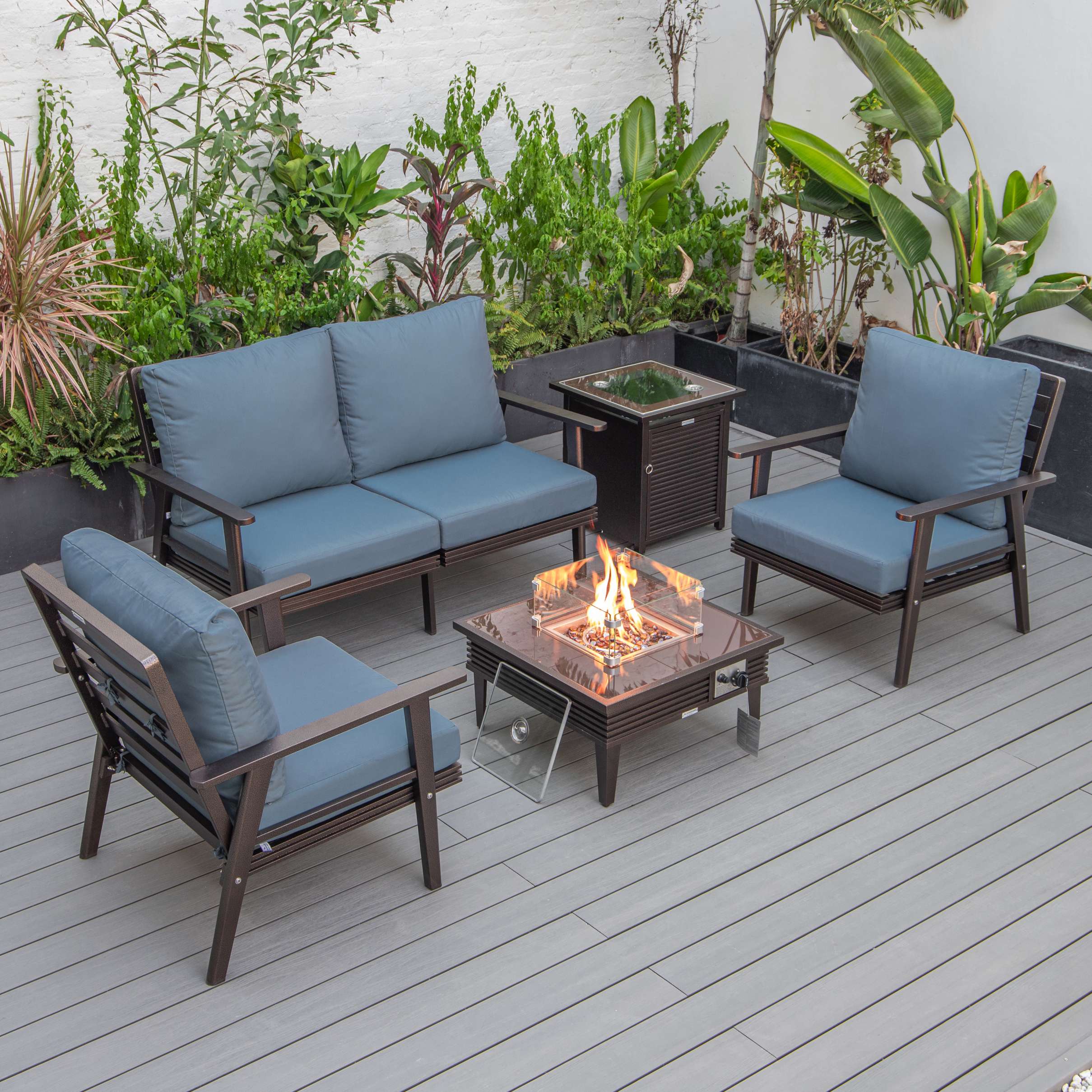 LeisureMod Walbrooke Modern Brown Patio Conversation With Square Fire Pit & Tank Holder - Image 46