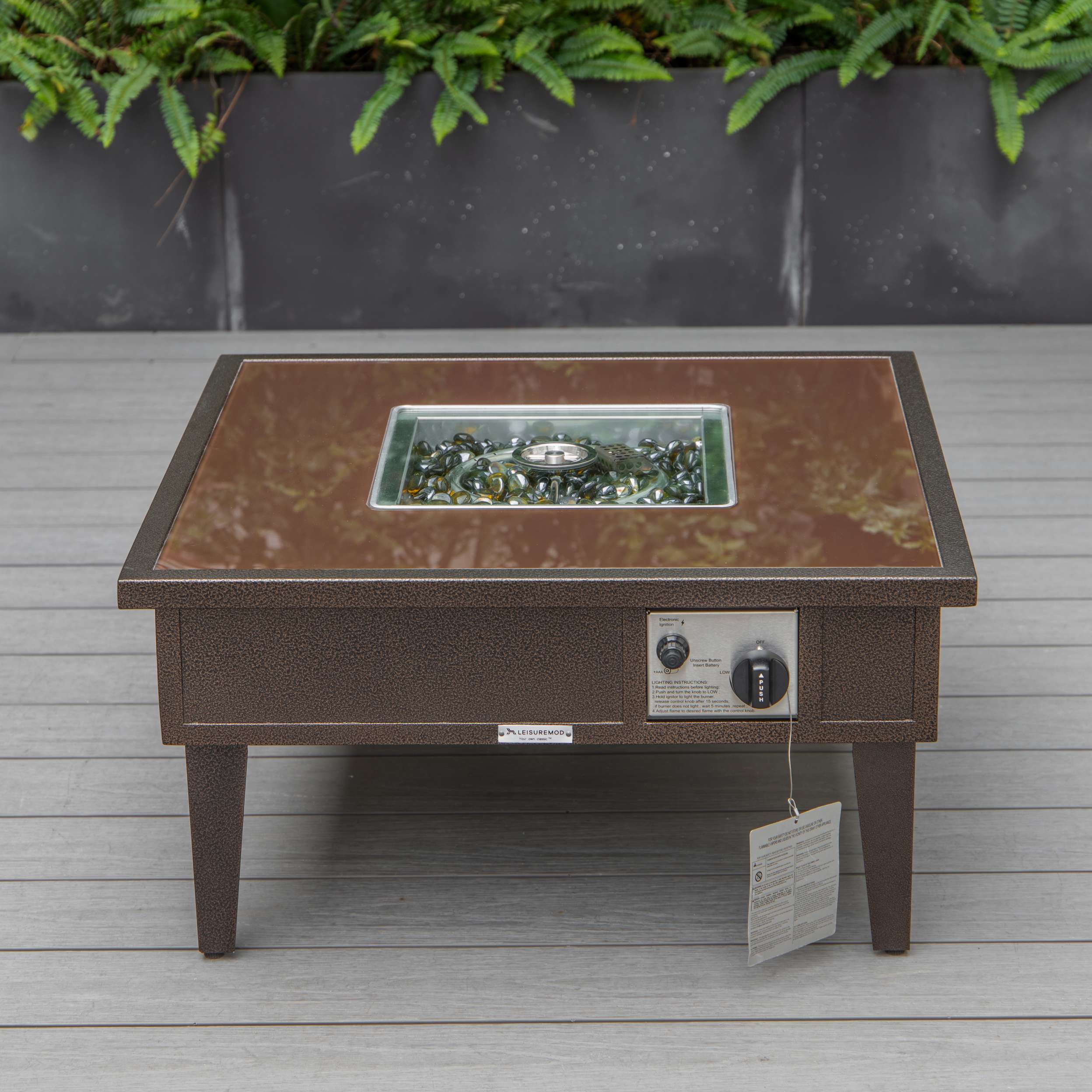LeisureMod Walbrooke Modern Brown Patio Conversation With Square Fire Pit & Tank Holder - Image 5