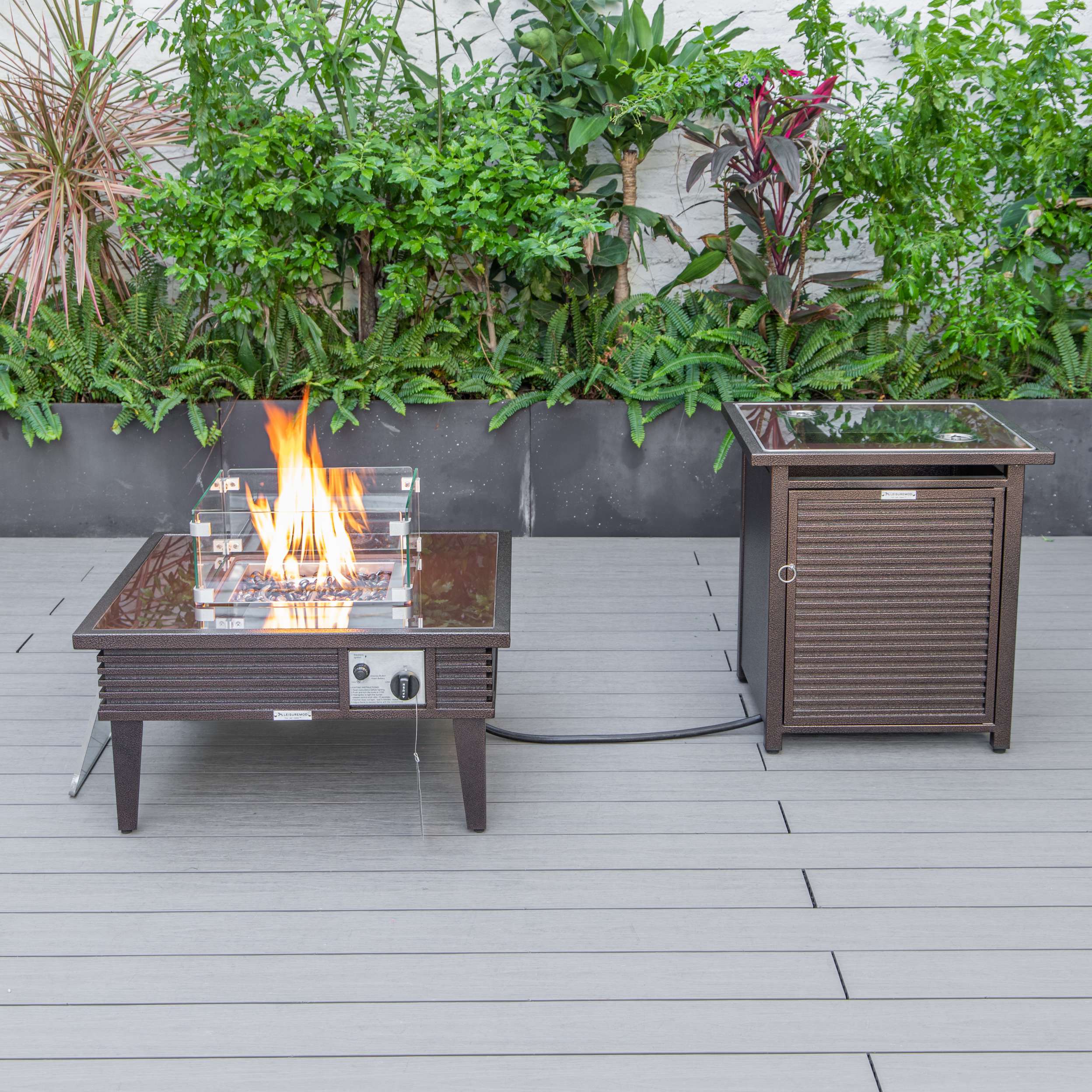 LeisureMod Walbrooke Modern Brown Patio Conversation With Square Fire Pit & Tank Holder - Image 70