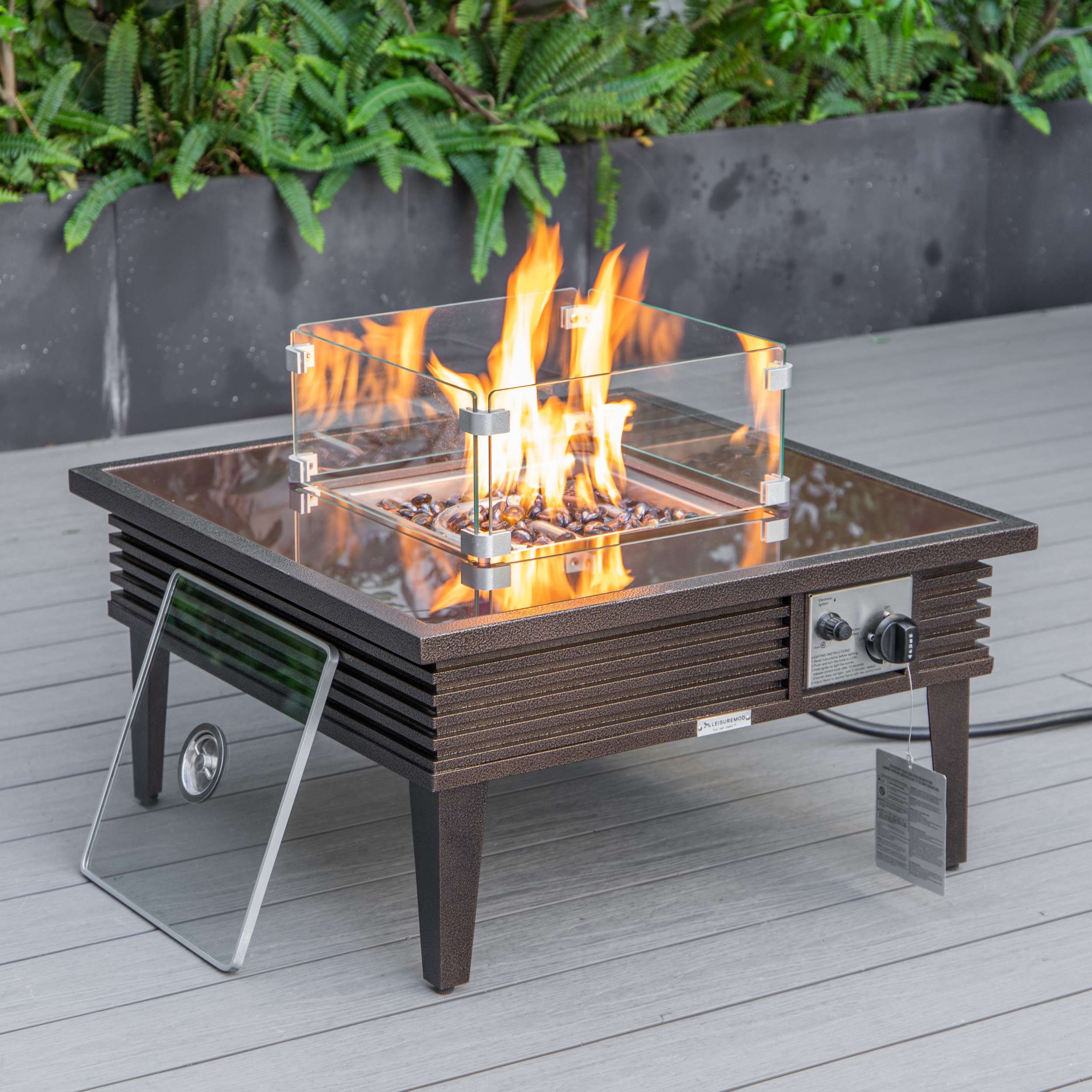 LeisureMod Walbrooke Modern Brown Patio Conversation With Square Fire Pit & Tank Holder - Image 76