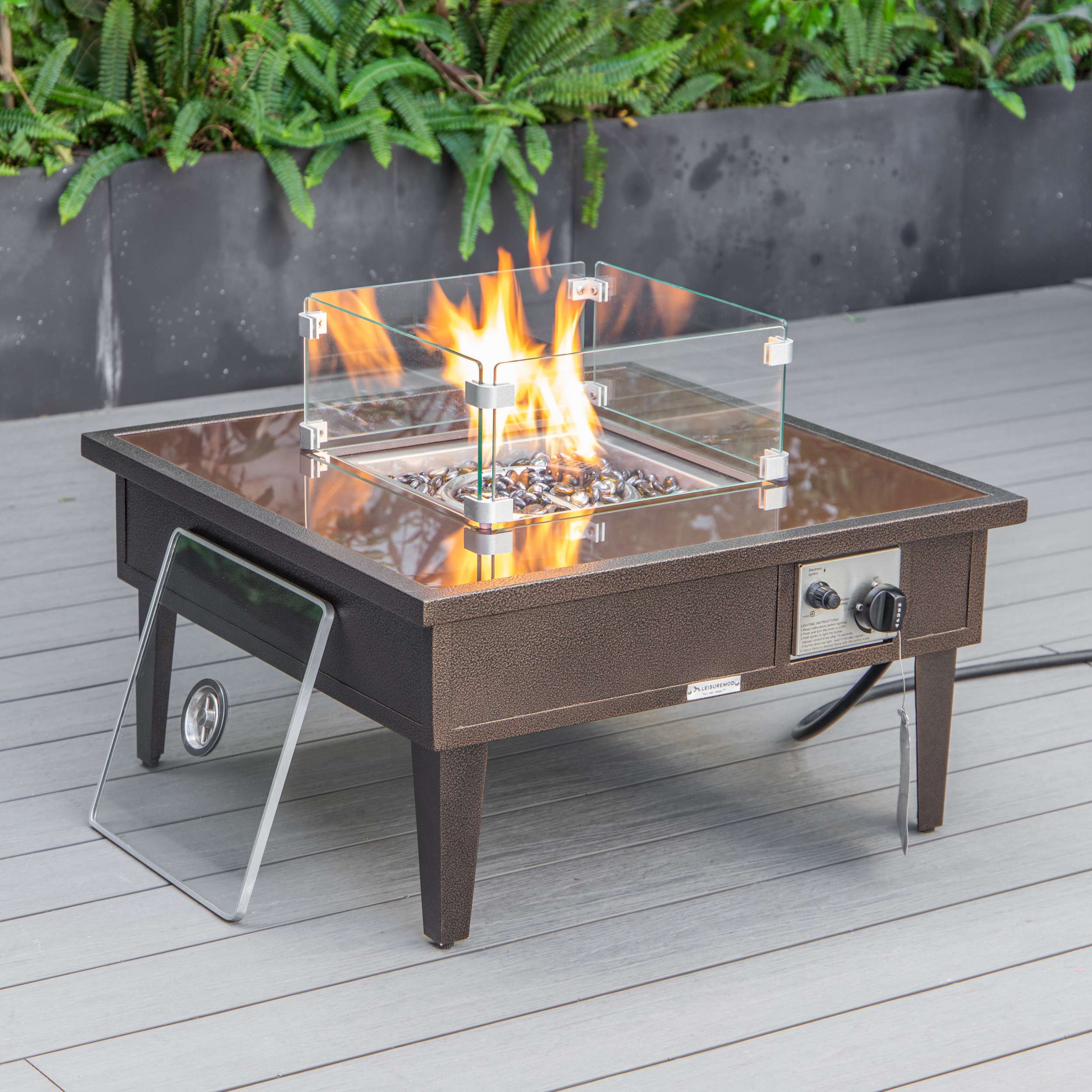 LeisureMod Walbrooke Modern Brown Patio Conversation With Square Fire Pit & Tank Holder - Image 8