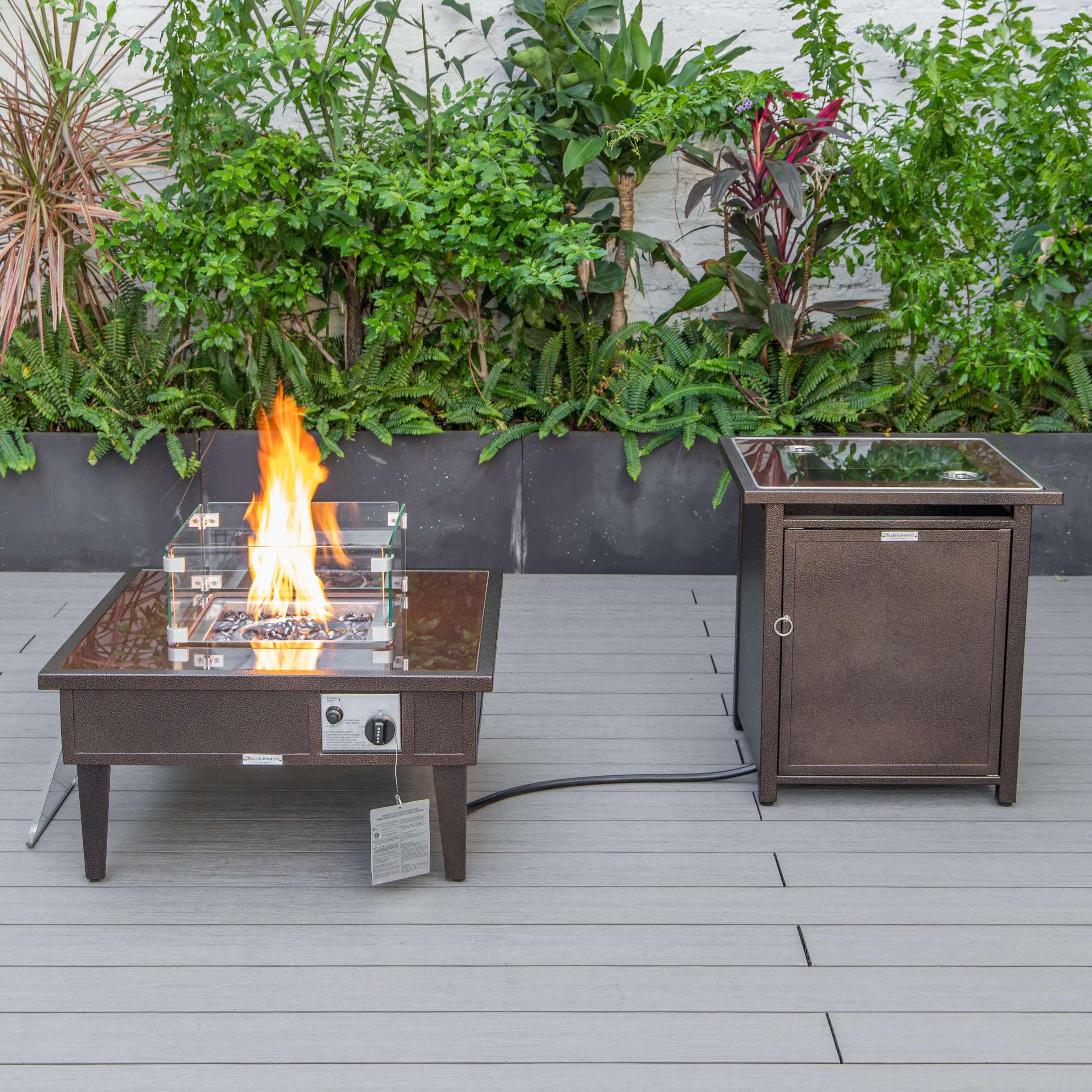 LeisureMod Walbrooke Modern Brown Patio Conversation With Square Fire Pit & Tank Holder - Image 82