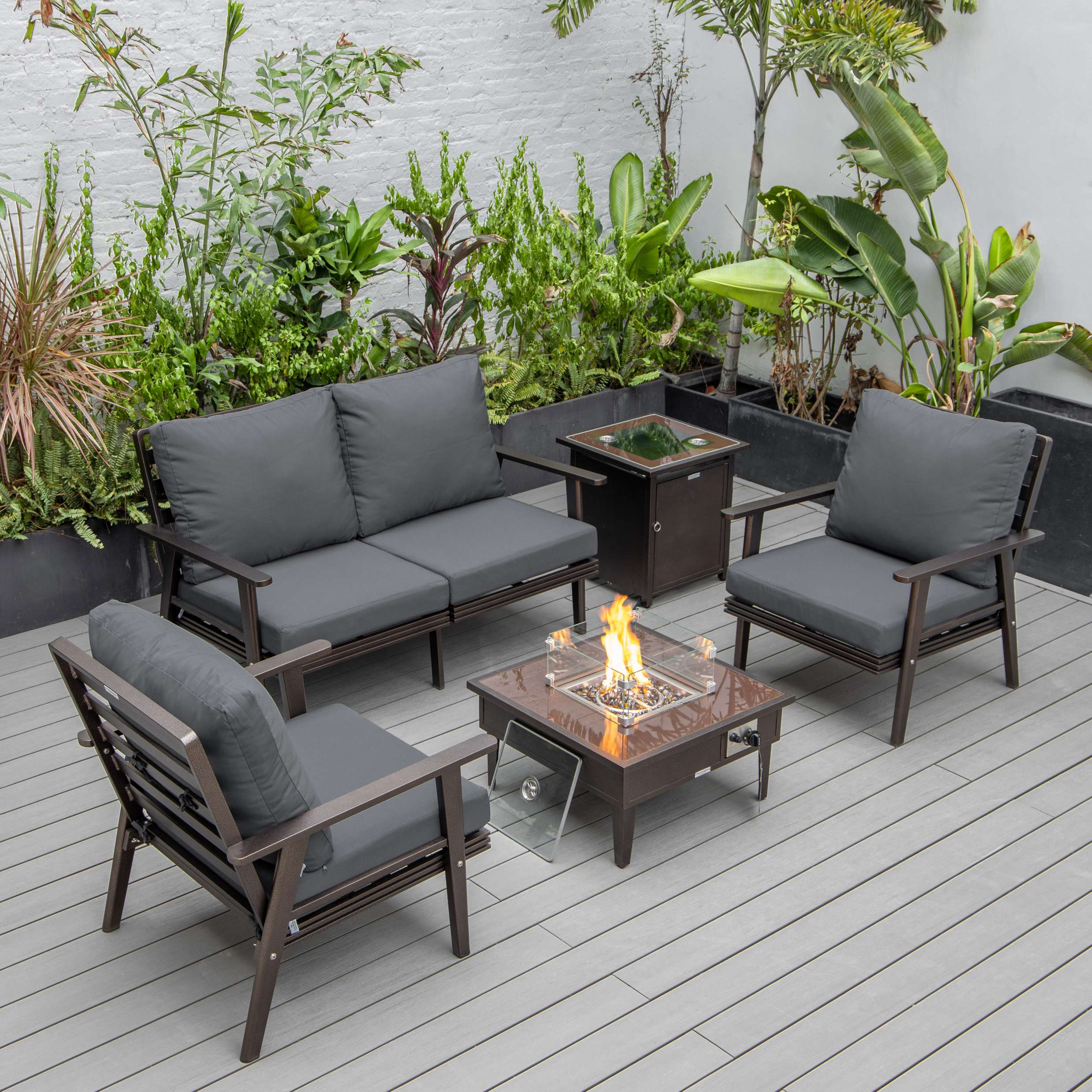 LeisureMod Walbrooke Modern Brown Patio Conversation With Square Fire Pit & Tank Holder - Image 9