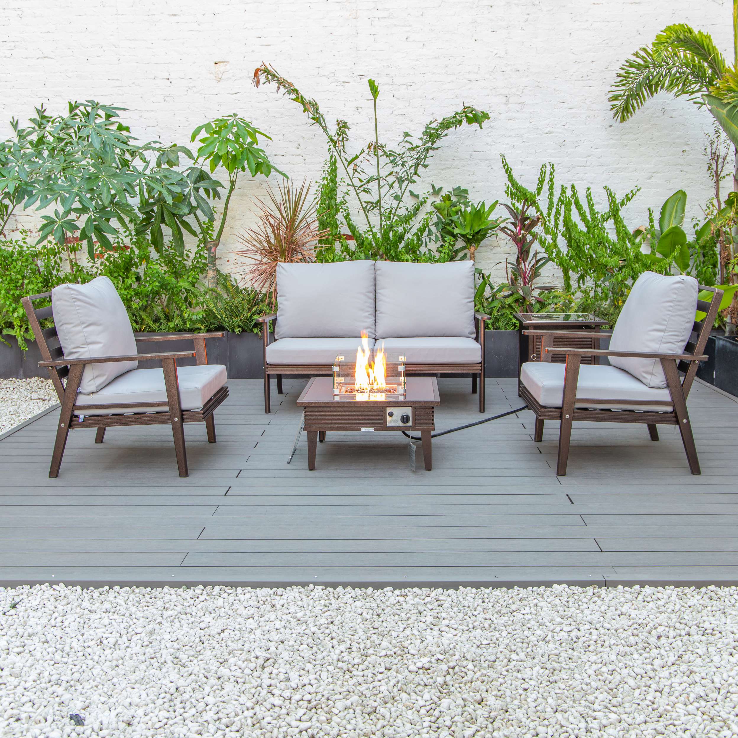 LeisureMod Walbrooke Modern Brown Patio Conversation With Square Fire Pit & Tank Holder - Image 99