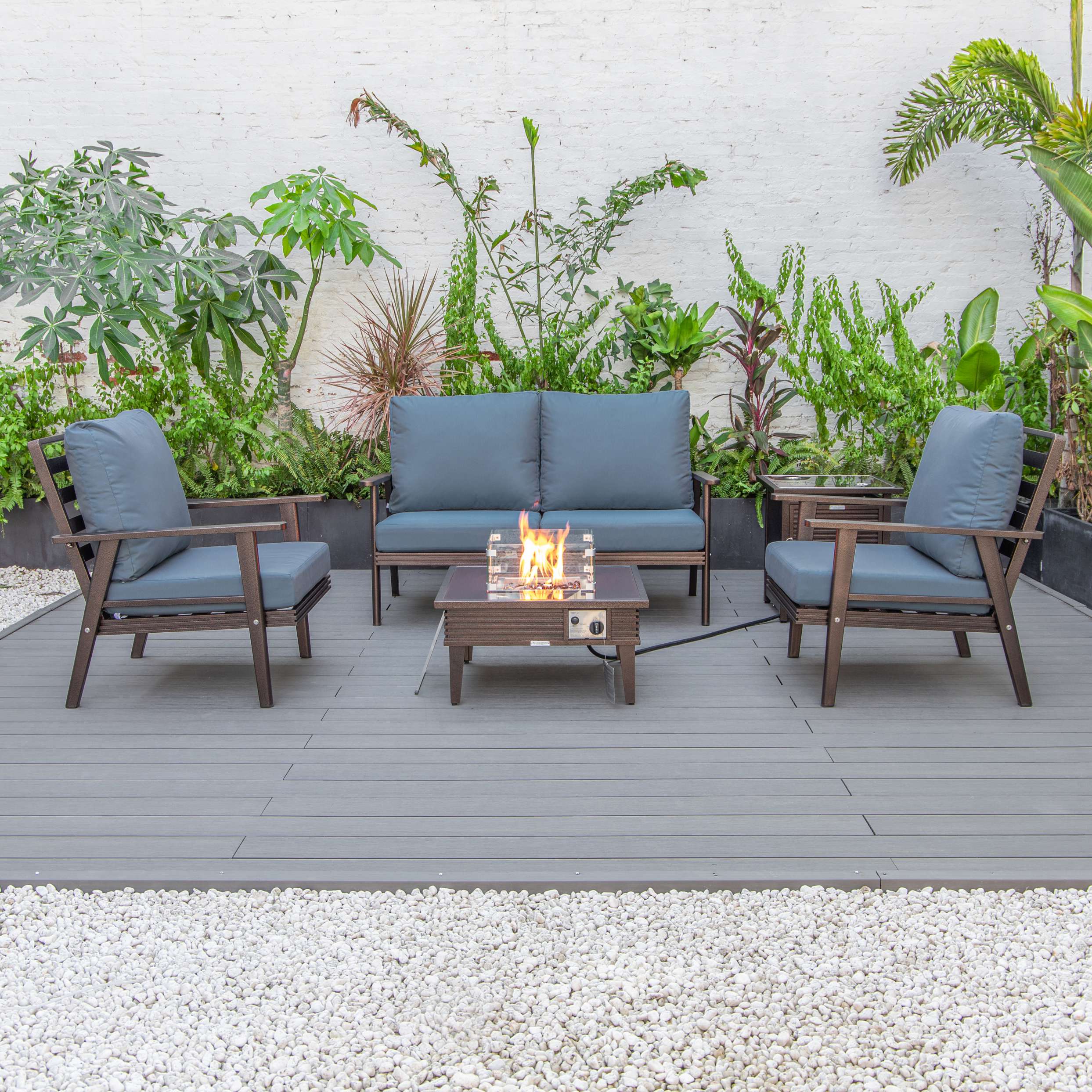 LeisureMod Walbrooke Modern Brown Patio Conversation With Square Fire Pit With Slats Design & Tank Holder - Image 20