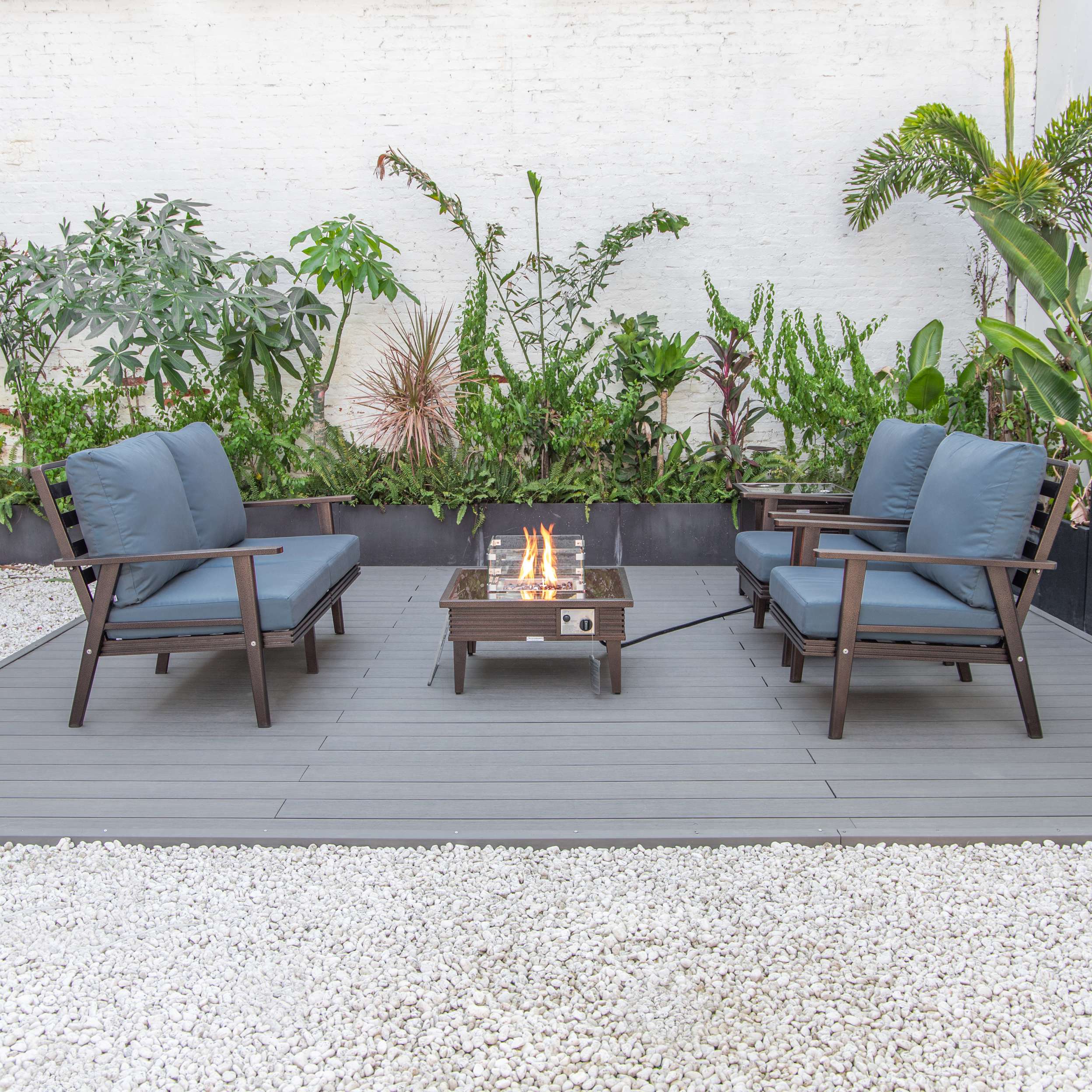 LeisureMod Walbrooke Modern Brown Patio Conversation With Square Fire Pit With Slats Design & Tank Holder - Image 21