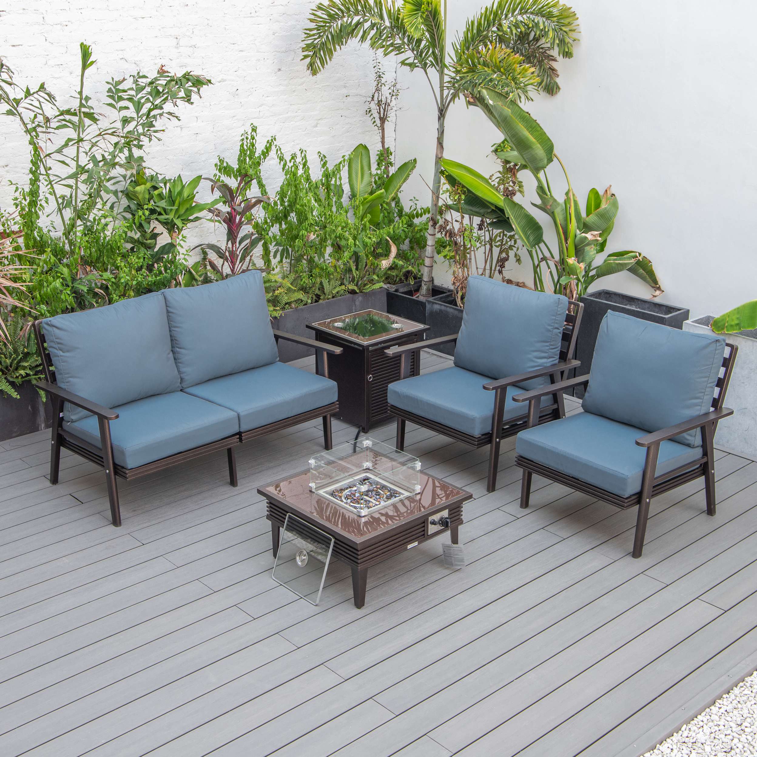 LeisureMod Walbrooke Modern Brown Patio Conversation With Square Fire Pit With Slats Design & Tank Holder - Image 23