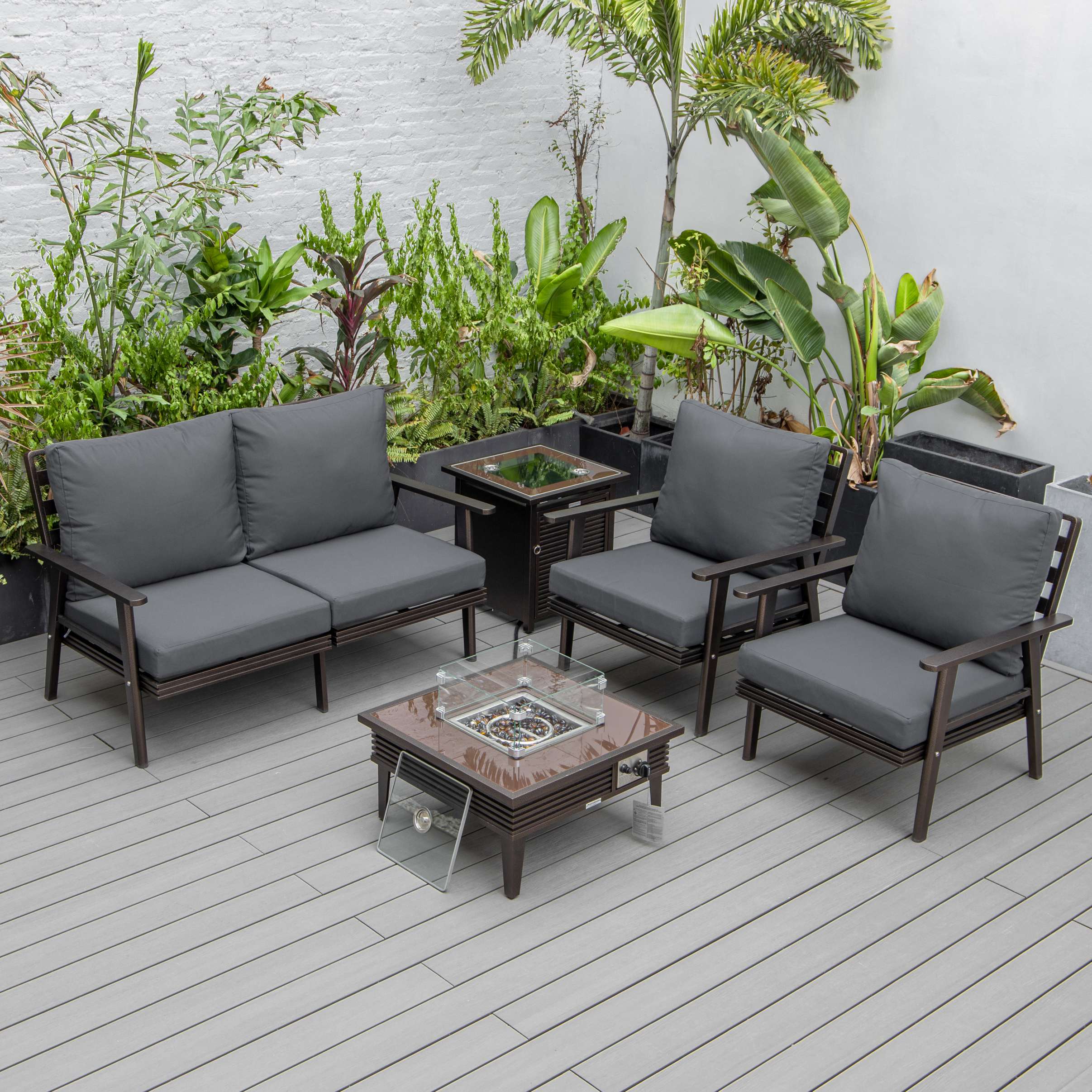 LeisureMod Walbrooke Modern Brown Patio Conversation With Square Fire Pit With Slats Design & Tank Holder - Image 3