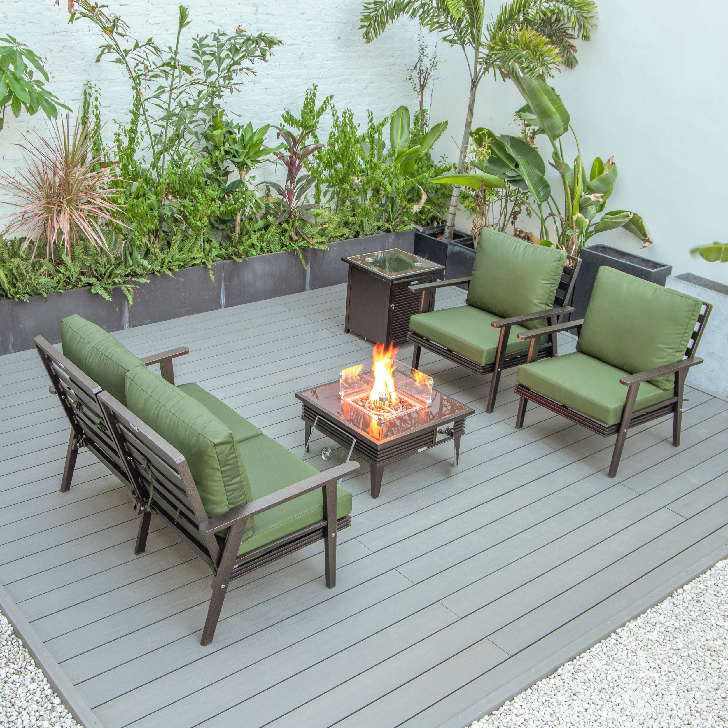 LeisureMod Walbrooke Modern Brown Patio Conversation With Square Fire Pit With Slats Design & Tank Holder - Image 41