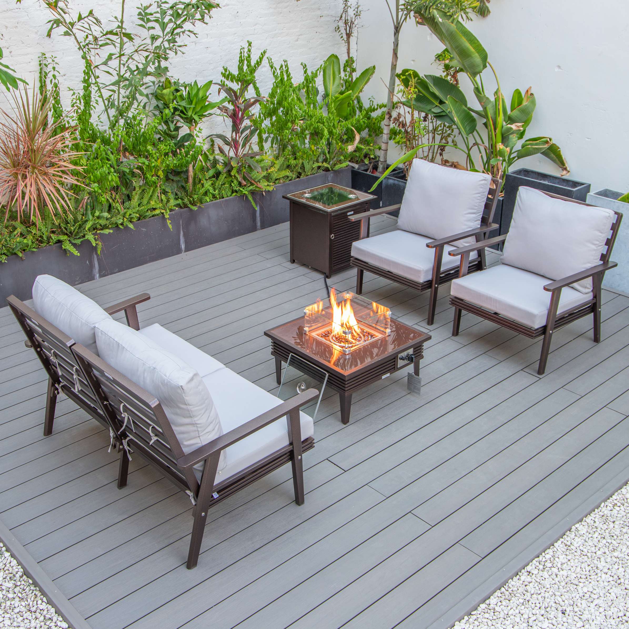 LeisureMod Walbrooke Modern Brown Patio Conversation With Square Fire Pit With Slats Design & Tank Holder - Image 52