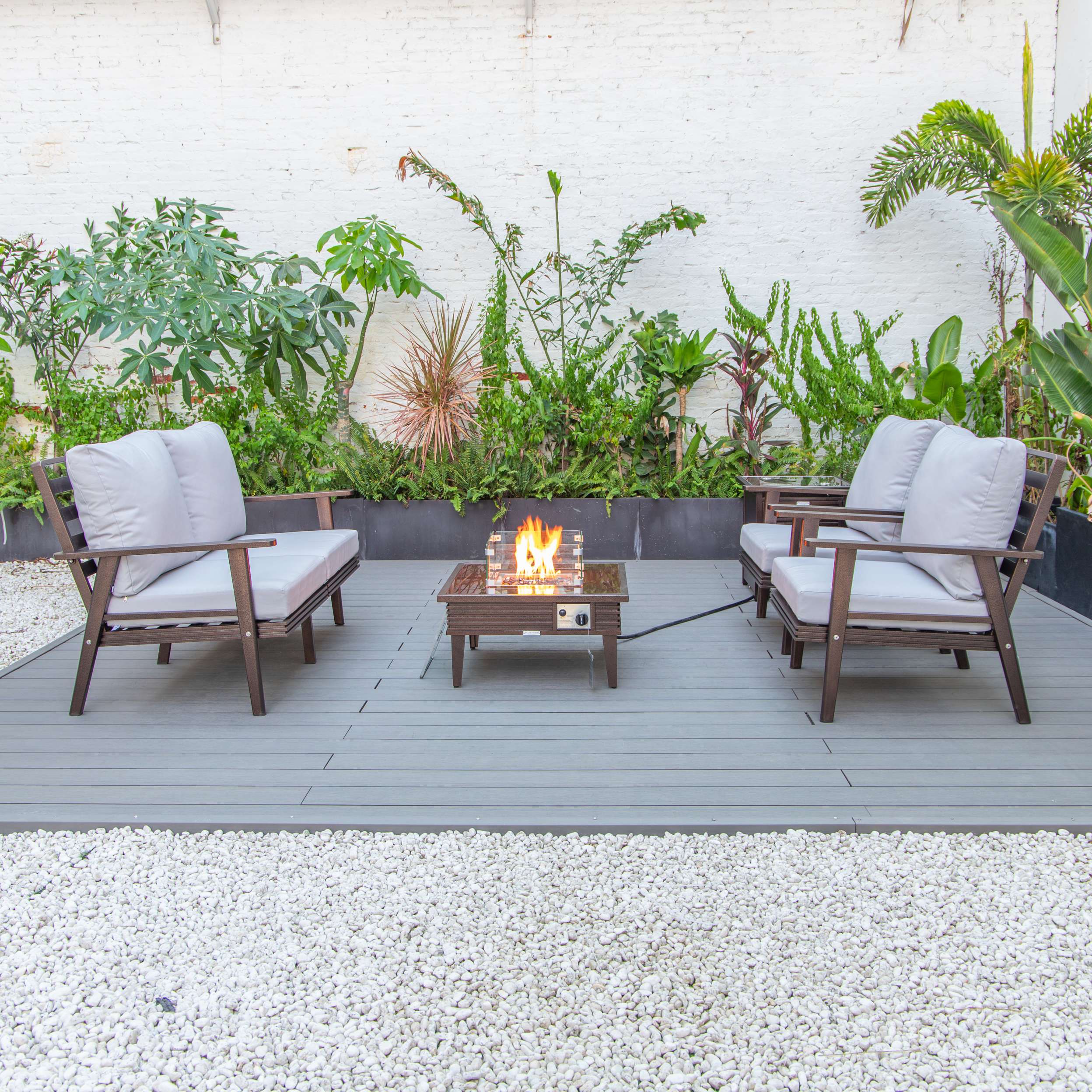 LeisureMod Walbrooke Modern Brown Patio Conversation With Square Fire Pit With Slats Design & Tank Holder - Image 53