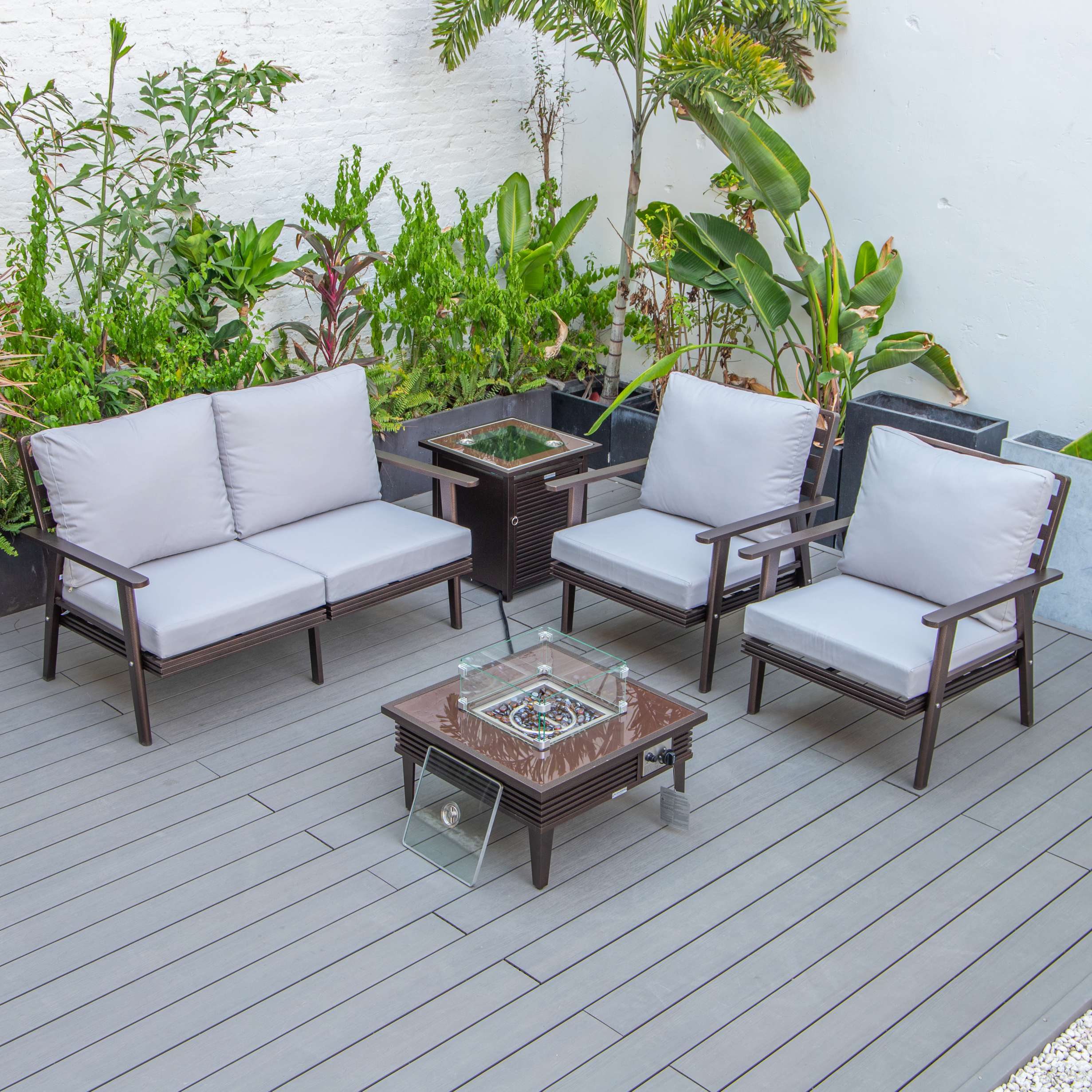 LeisureMod Walbrooke Modern Brown Patio Conversation With Square Fire Pit With Slats Design & Tank Holder - Image 54