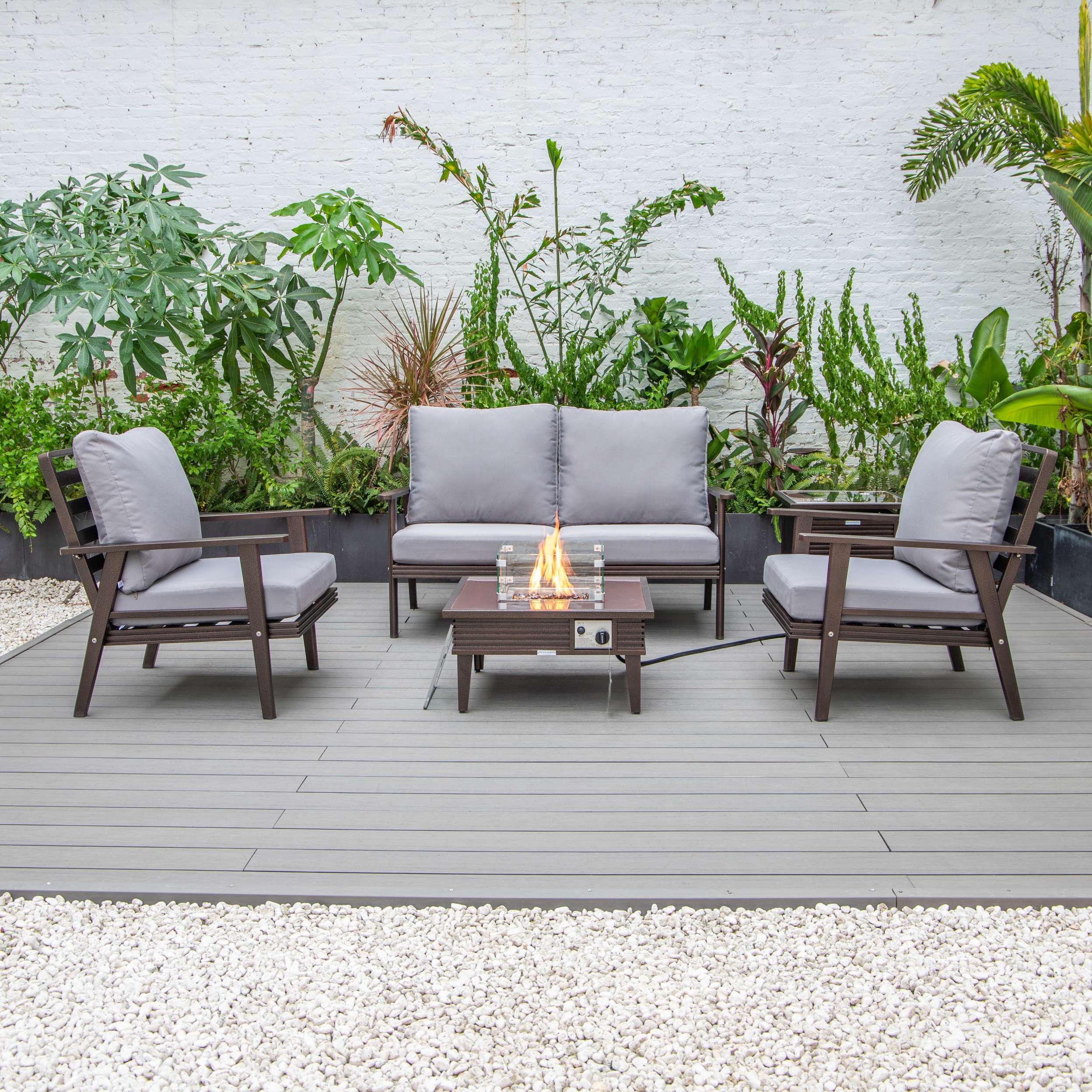 LeisureMod Walbrooke Modern Brown Patio Conversation With Square Fire Pit With Slats Design & Tank Holder - Image 58