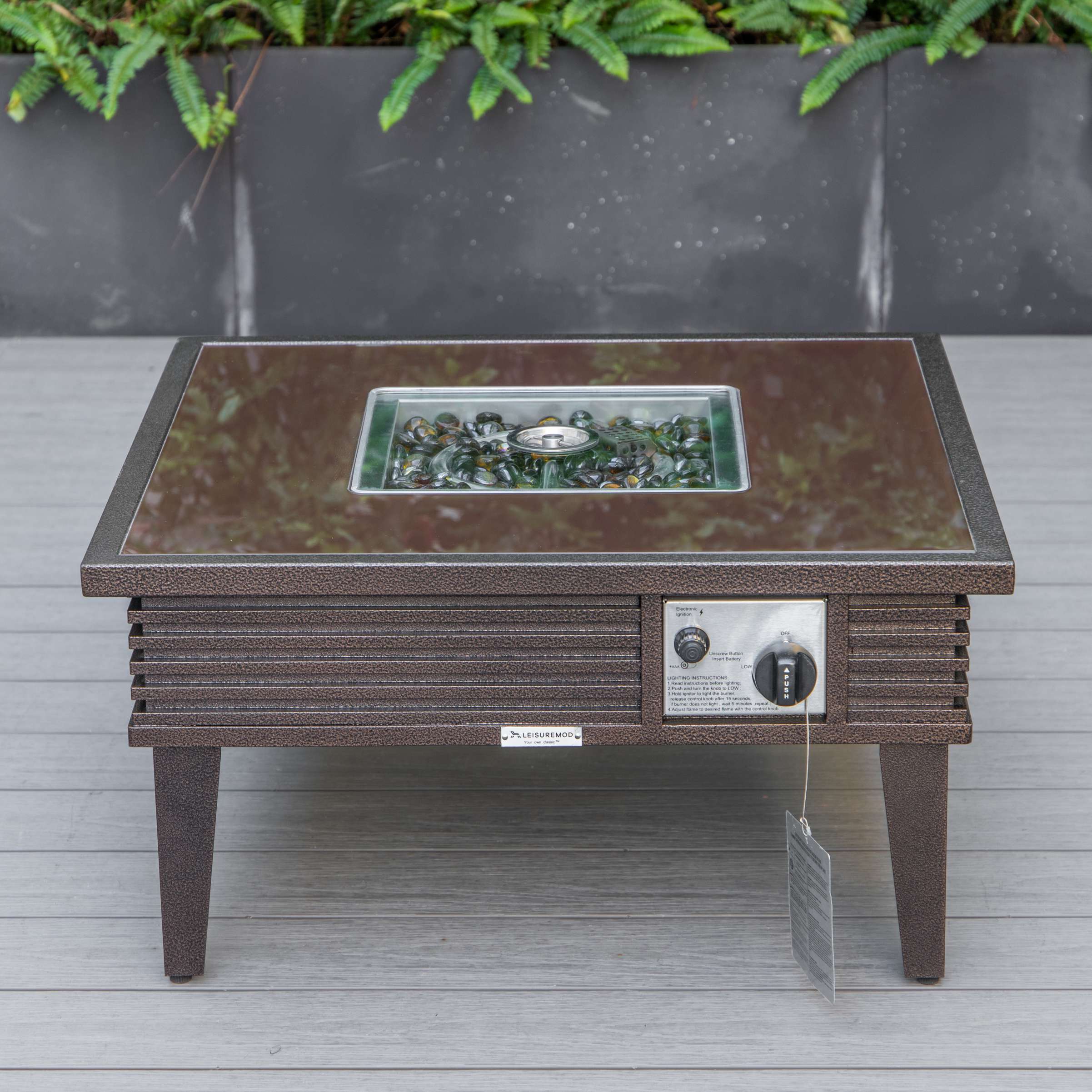 LeisureMod Walbrooke Modern Brown Patio Conversation With Square Fire Pit With Slats Design & Tank Holder - Image 6