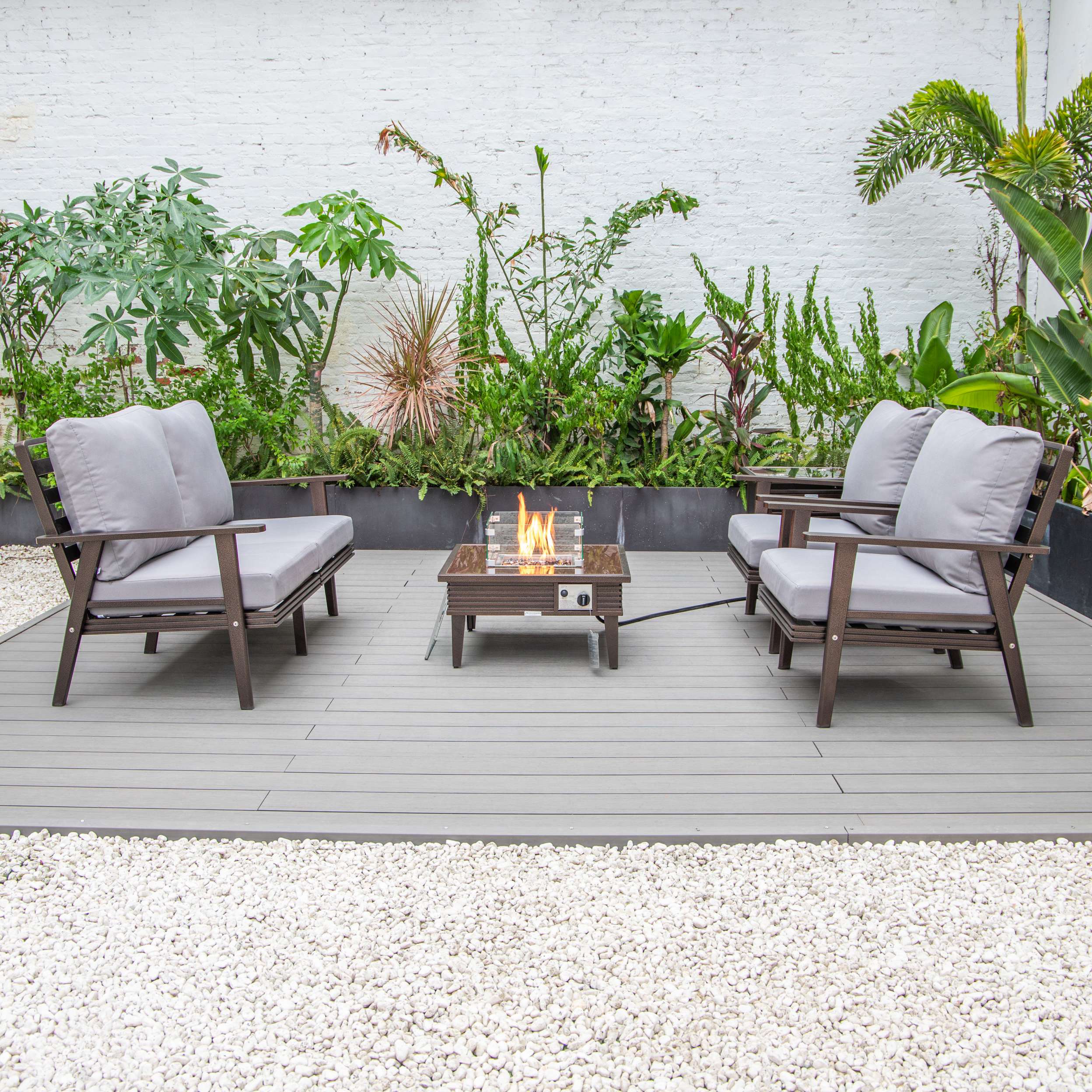 LeisureMod Walbrooke Modern Brown Patio Conversation With Square Fire Pit With Slats Design & Tank Holder - Image 66