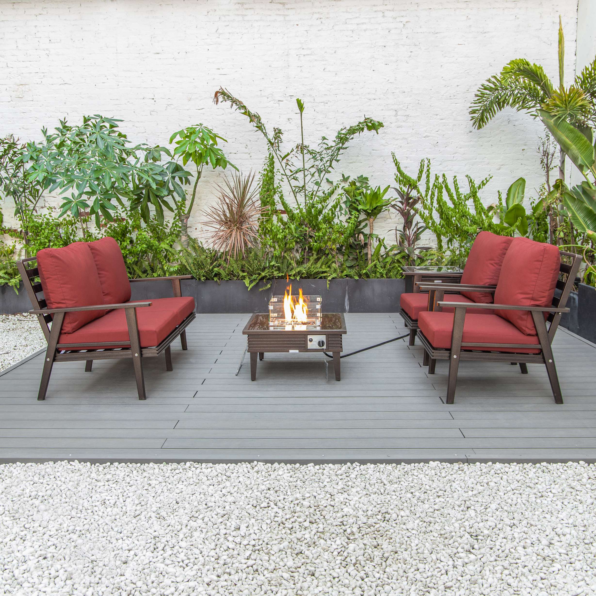 LeisureMod Walbrooke Modern Brown Patio Conversation With Square Fire Pit With Slats Design & Tank Holder - Image 77