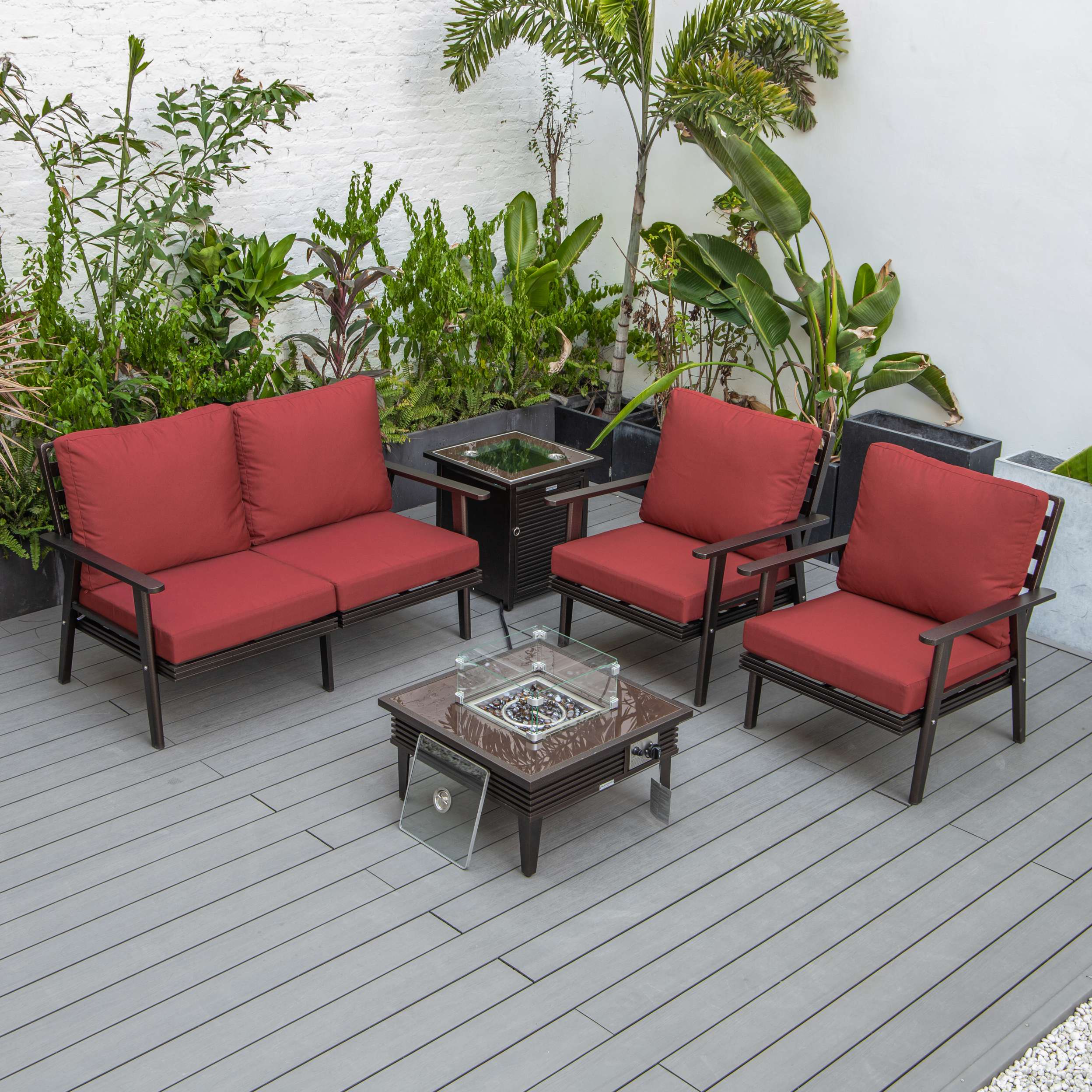 LeisureMod Walbrooke Modern Brown Patio Conversation With Square Fire Pit With Slats Design & Tank Holder - Image 78