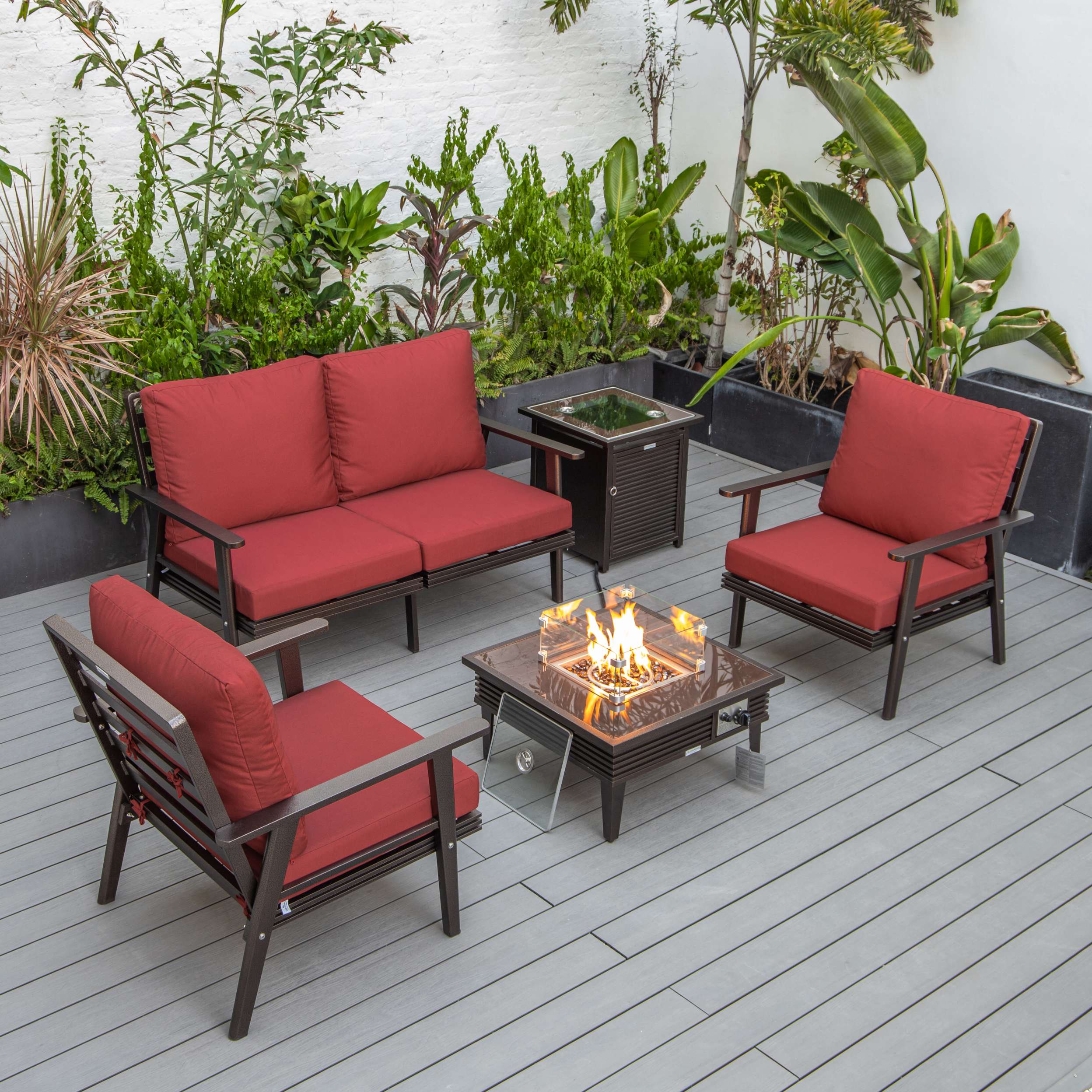 LeisureMod Walbrooke Modern Brown Patio Conversation With Square Fire Pit With Slats Design & Tank Holder - Image 79