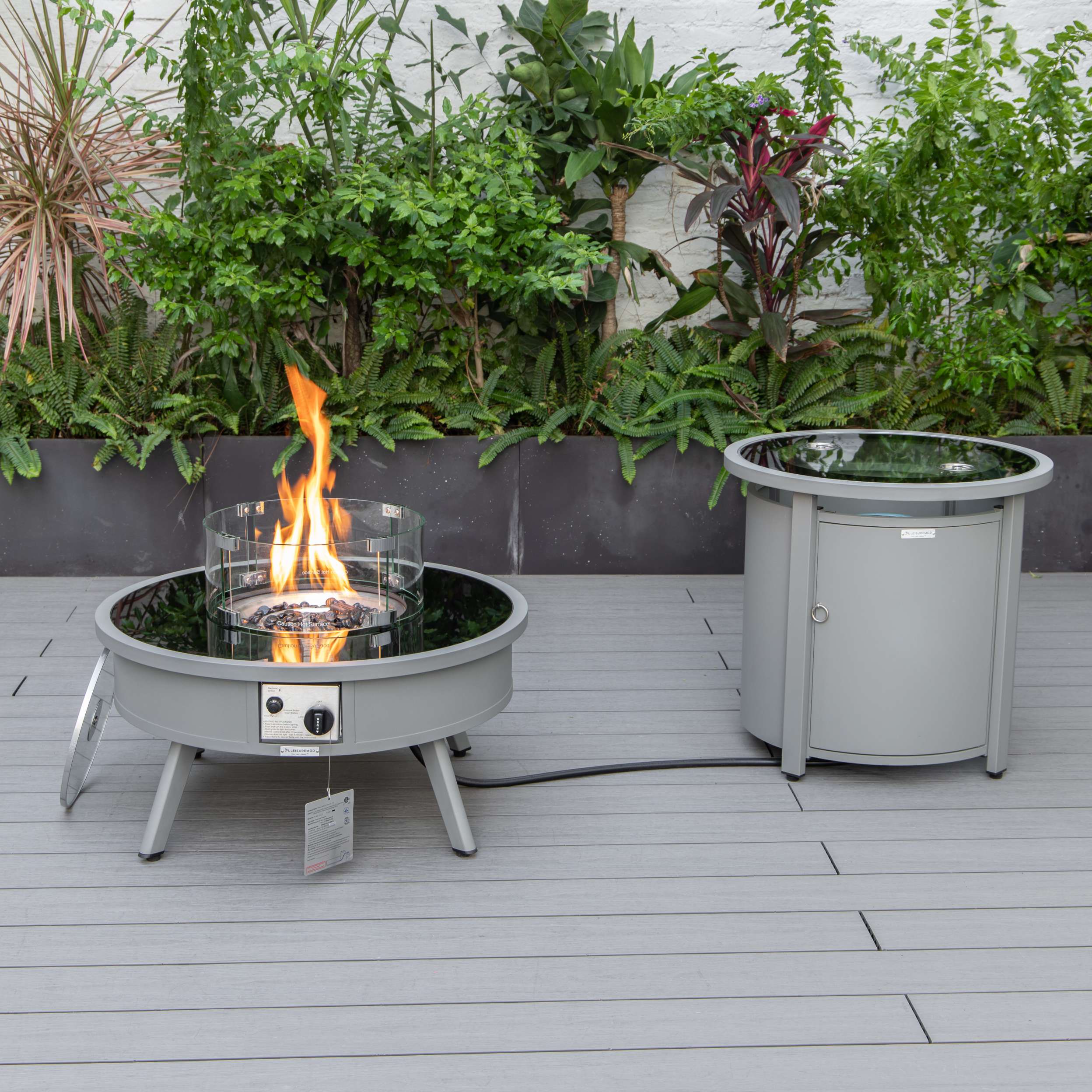 LeisureMod Walbrooke Modern Grey Patio Conversation With Round Fire Pit & Tank Holder - Image 15