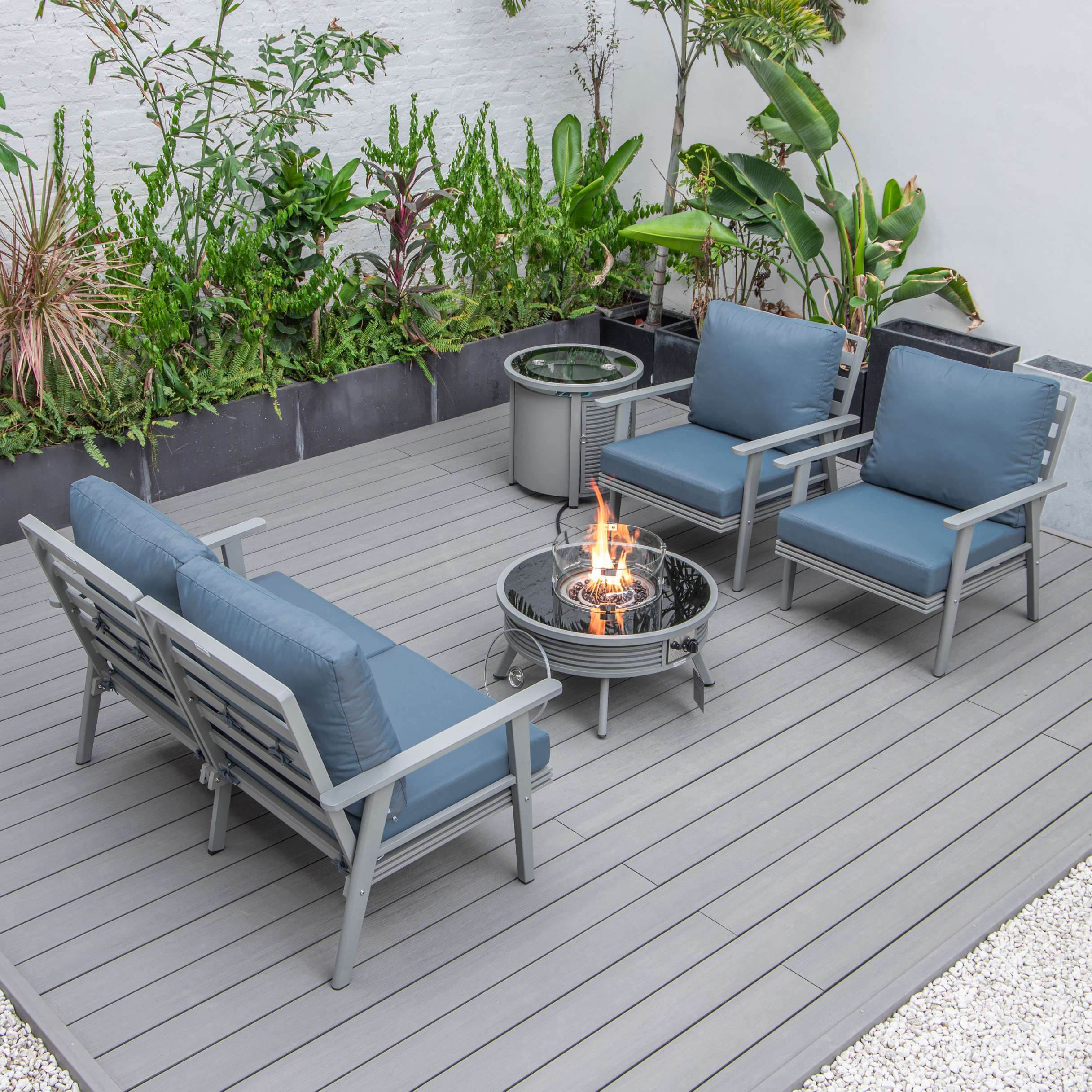 LeisureMod Walbrooke Modern Grey Patio Conversation With Round Fire Pit & Tank Holder - Image 18