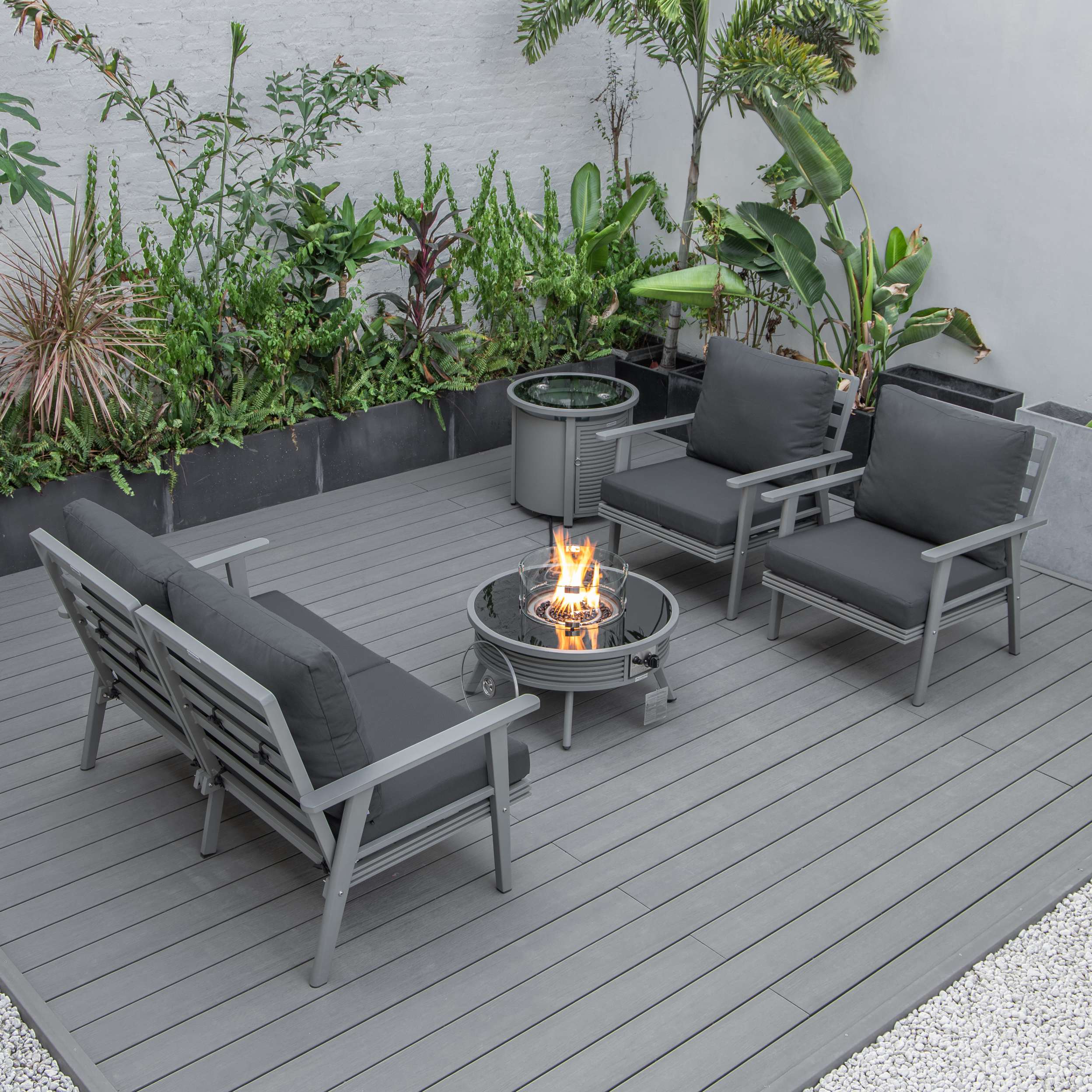 LeisureMod Walbrooke Modern Grey Patio Conversation With Round Fire Pit & Tank Holder - Image 2