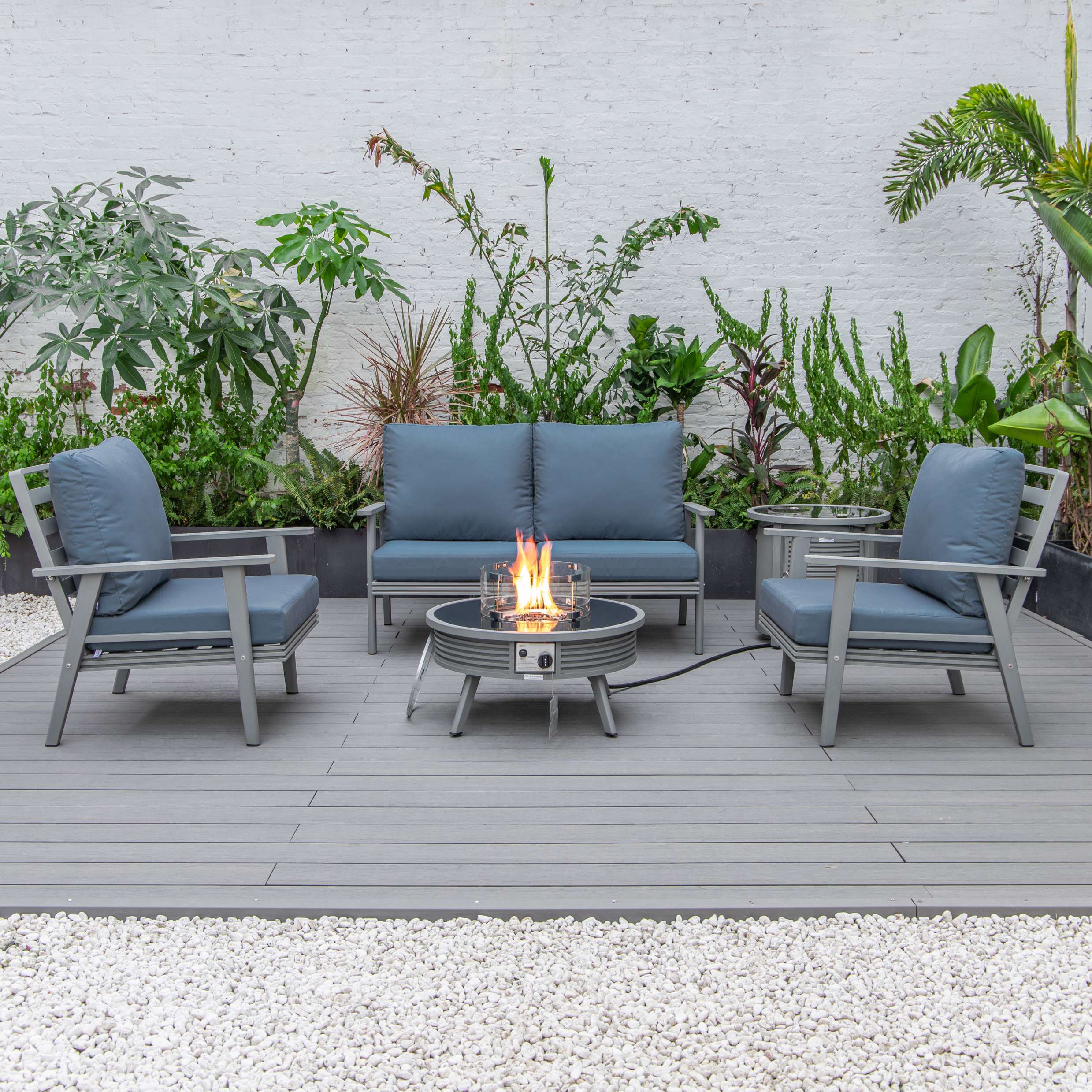 LeisureMod Walbrooke Modern Grey Patio Conversation With Round Fire Pit & Tank Holder - Image 21