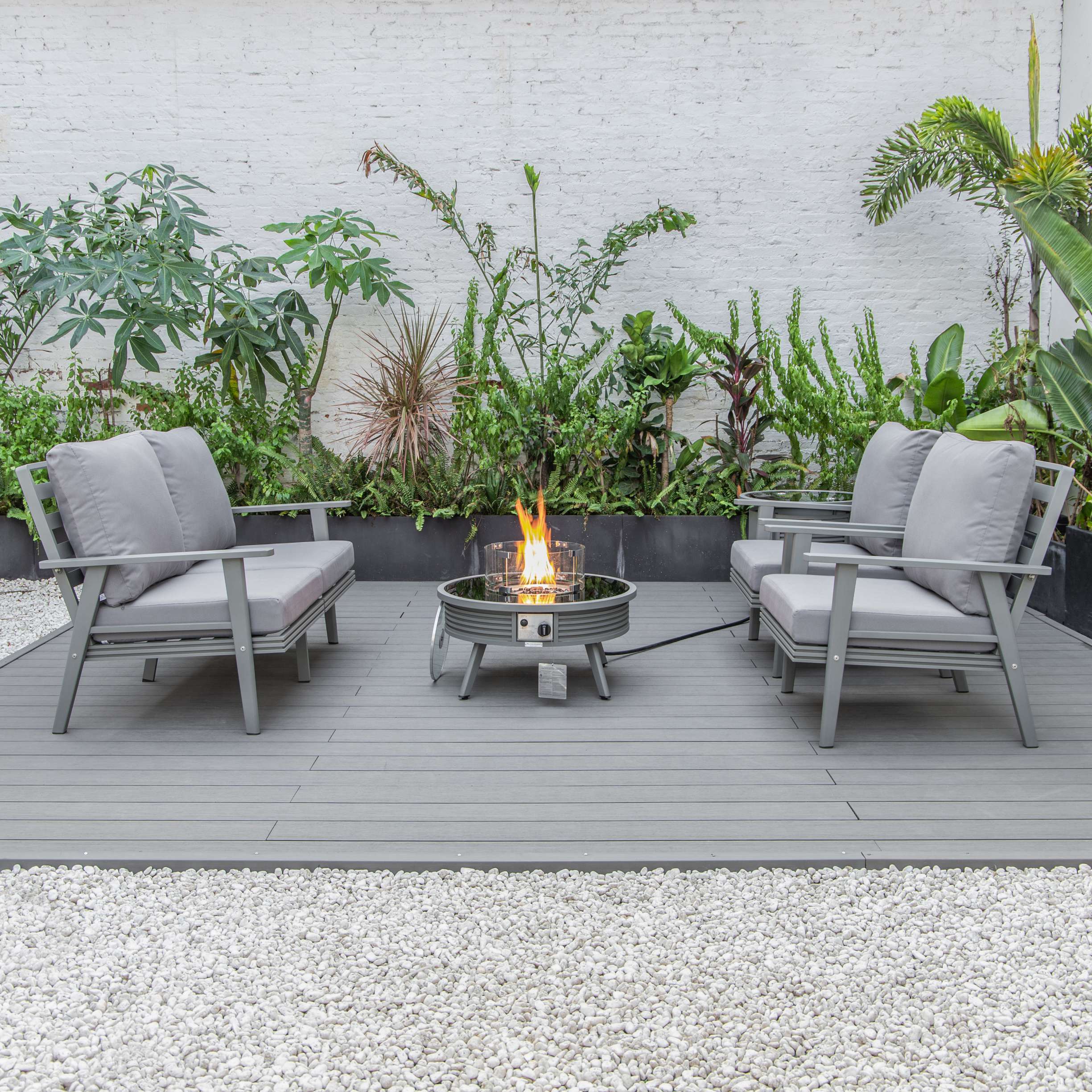 LeisureMod Walbrooke Modern Grey Patio Conversation With Round Fire Pit & Tank Holder - Image 22