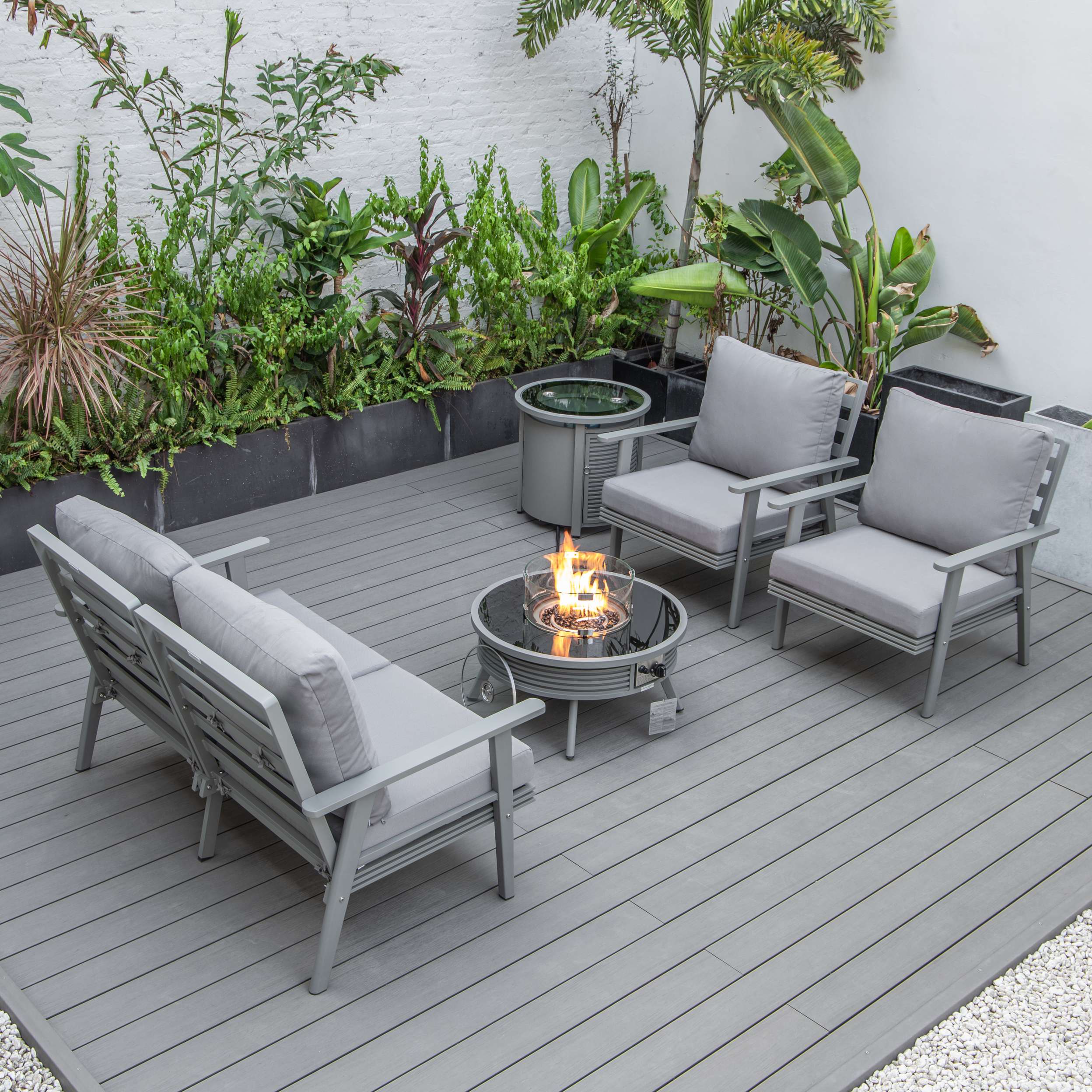 LeisureMod Walbrooke Modern Grey Patio Conversation With Round Fire Pit & Tank Holder - Image 23