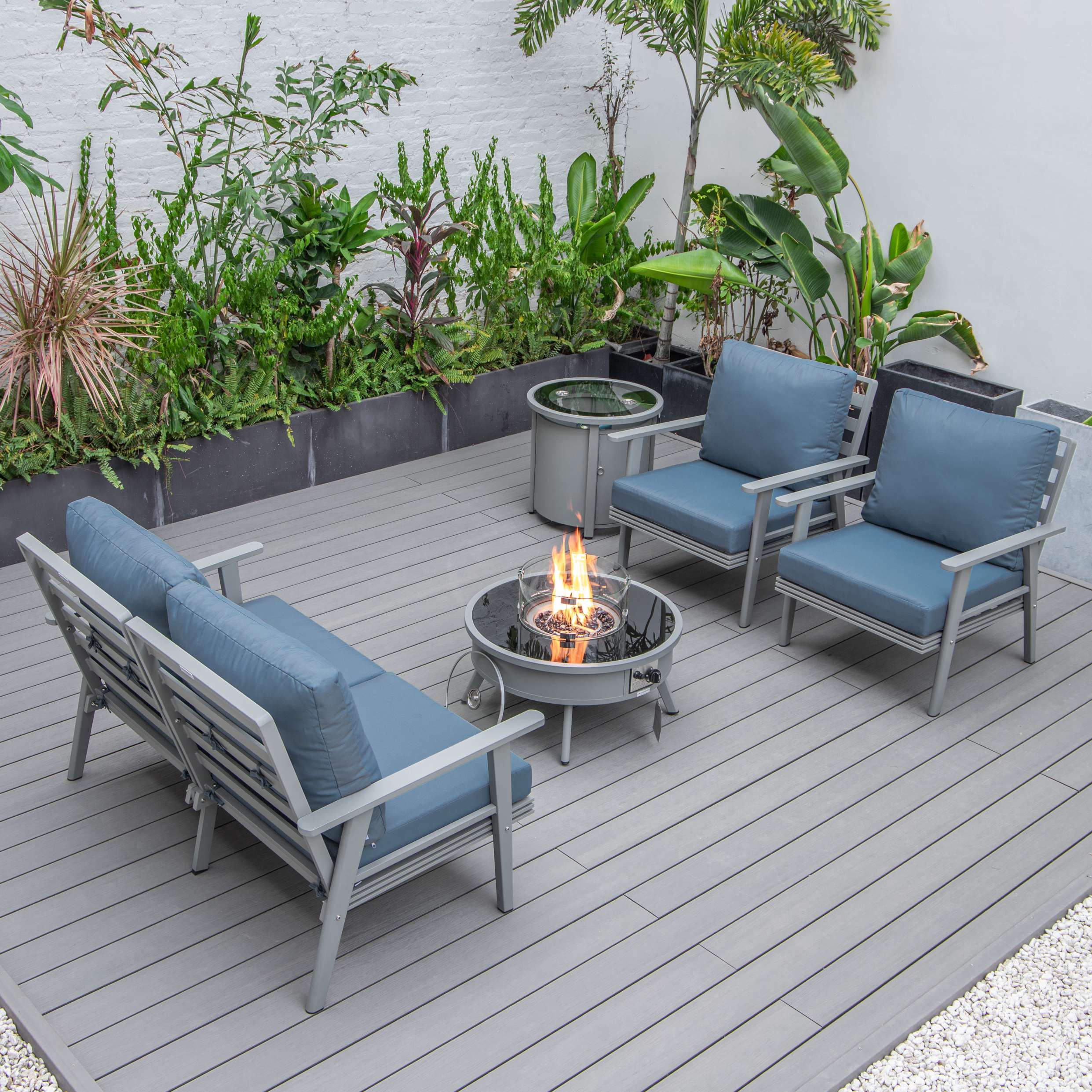 LeisureMod Walbrooke Modern Grey Patio Conversation With Round Fire Pit & Tank Holder - Image 25