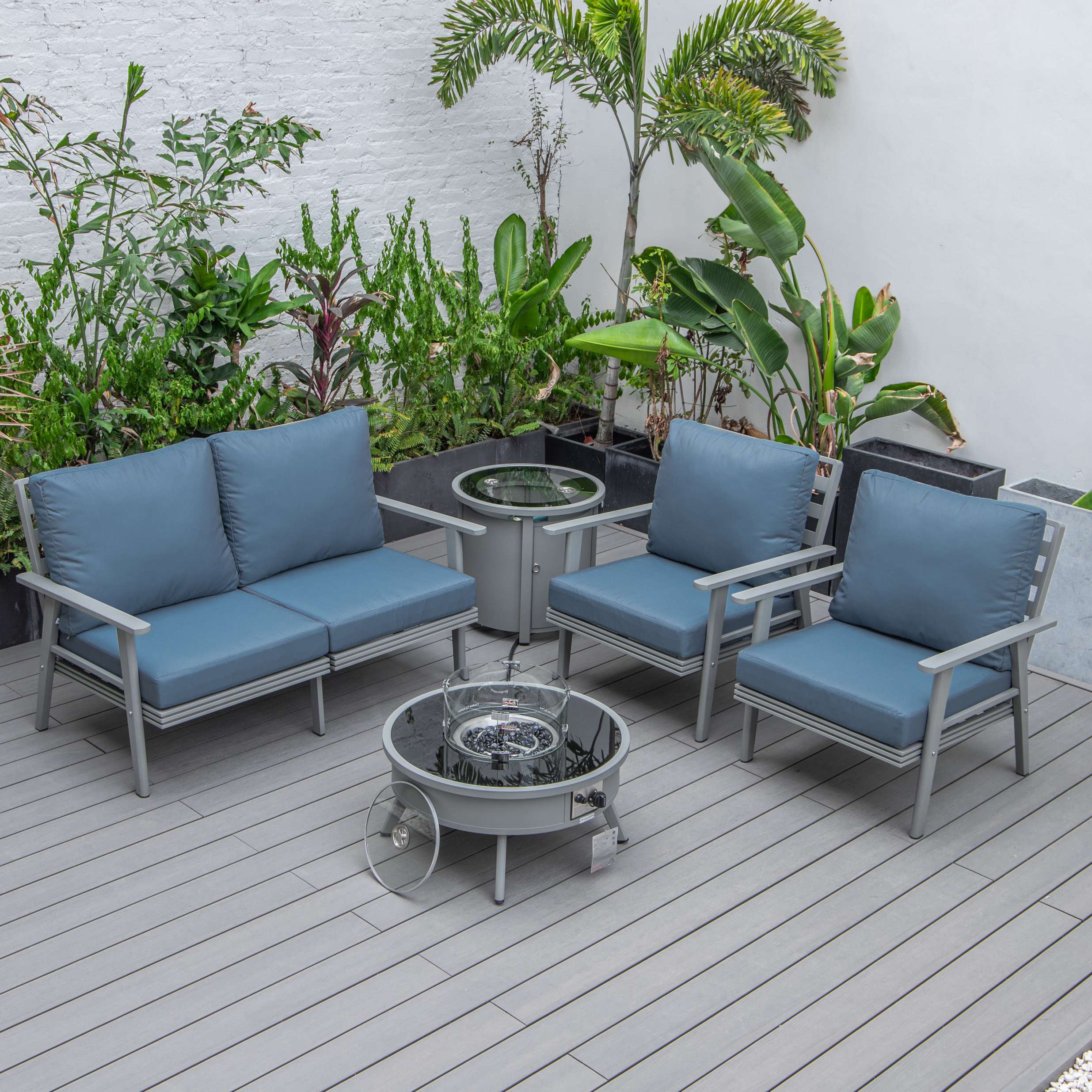 LeisureMod Walbrooke Modern Grey Patio Conversation With Round Fire Pit & Tank Holder - Image 26