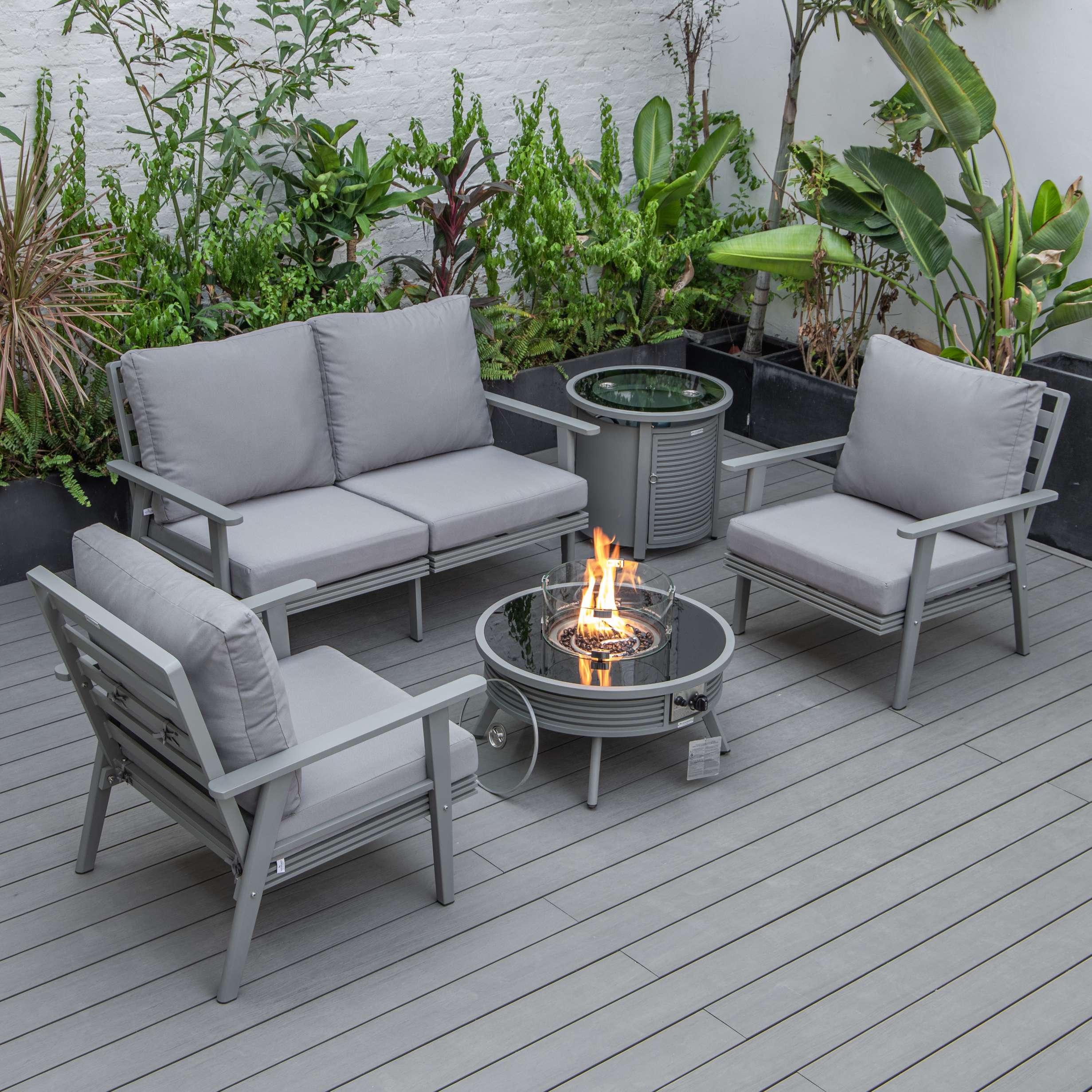 LeisureMod Walbrooke Modern Grey Patio Conversation With Round Fire Pit & Tank Holder - Image 28