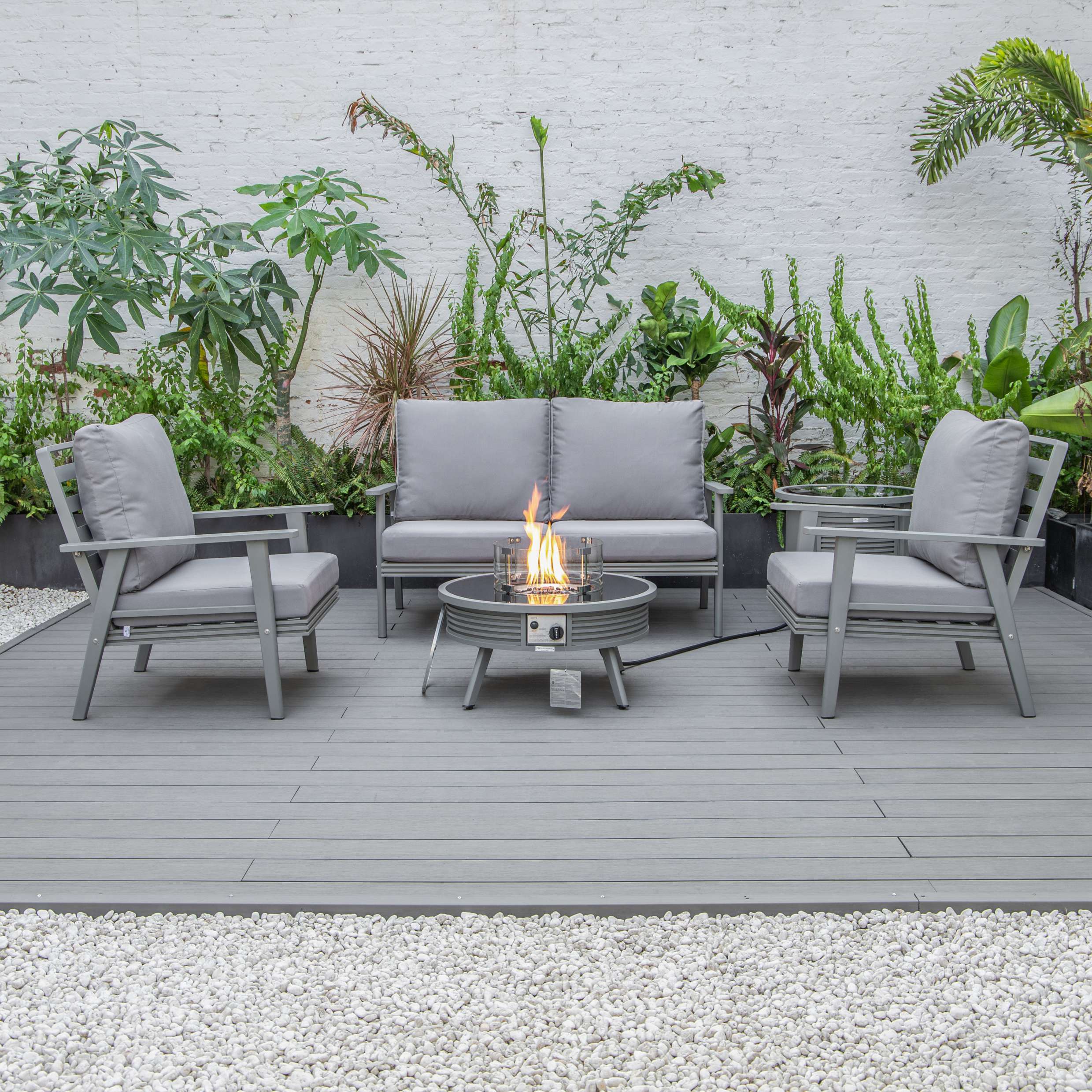 LeisureMod Walbrooke Modern Grey Patio Conversation With Round Fire Pit & Tank Holder - Image 30