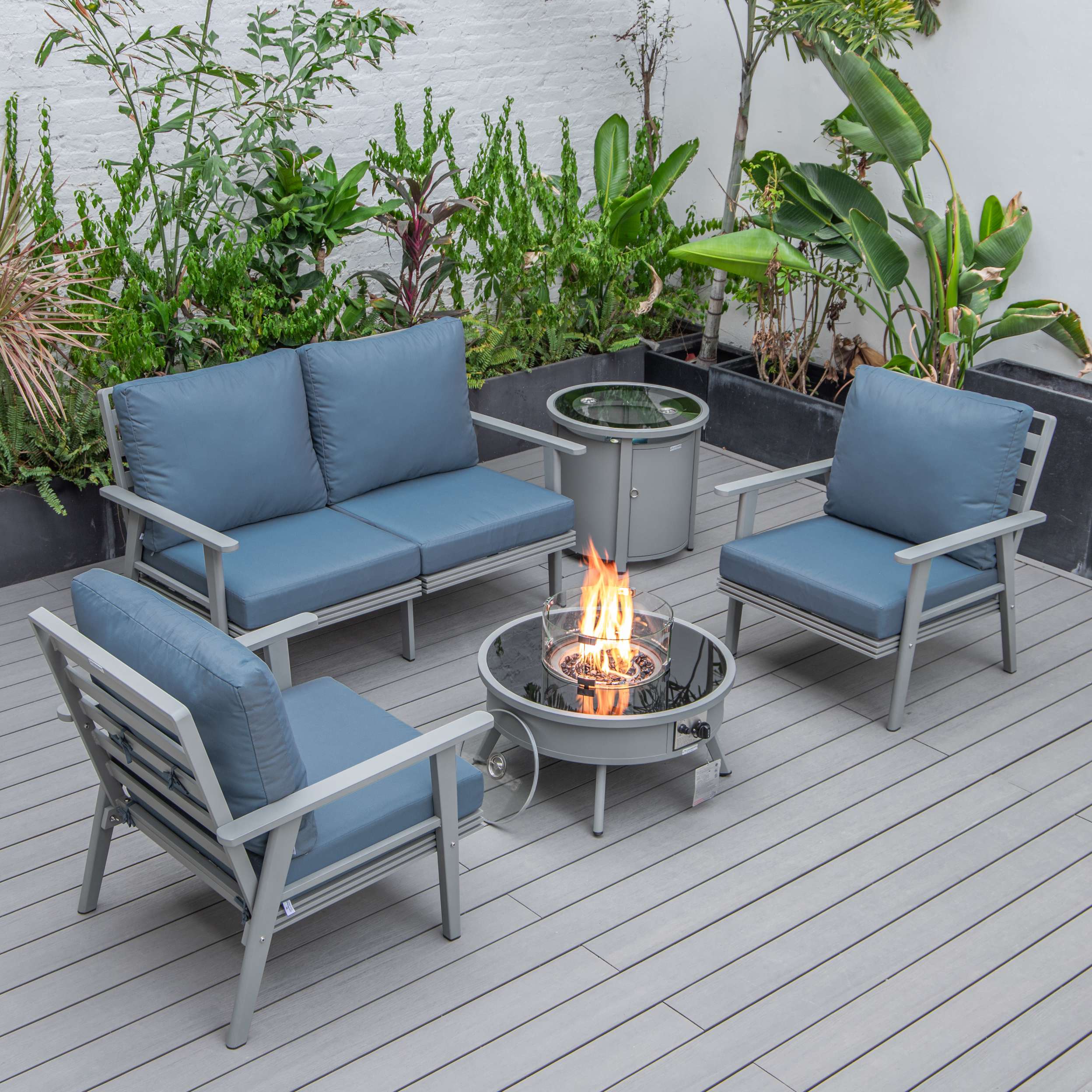 LeisureMod Walbrooke Modern Grey Patio Conversation With Round Fire Pit & Tank Holder - Image 31
