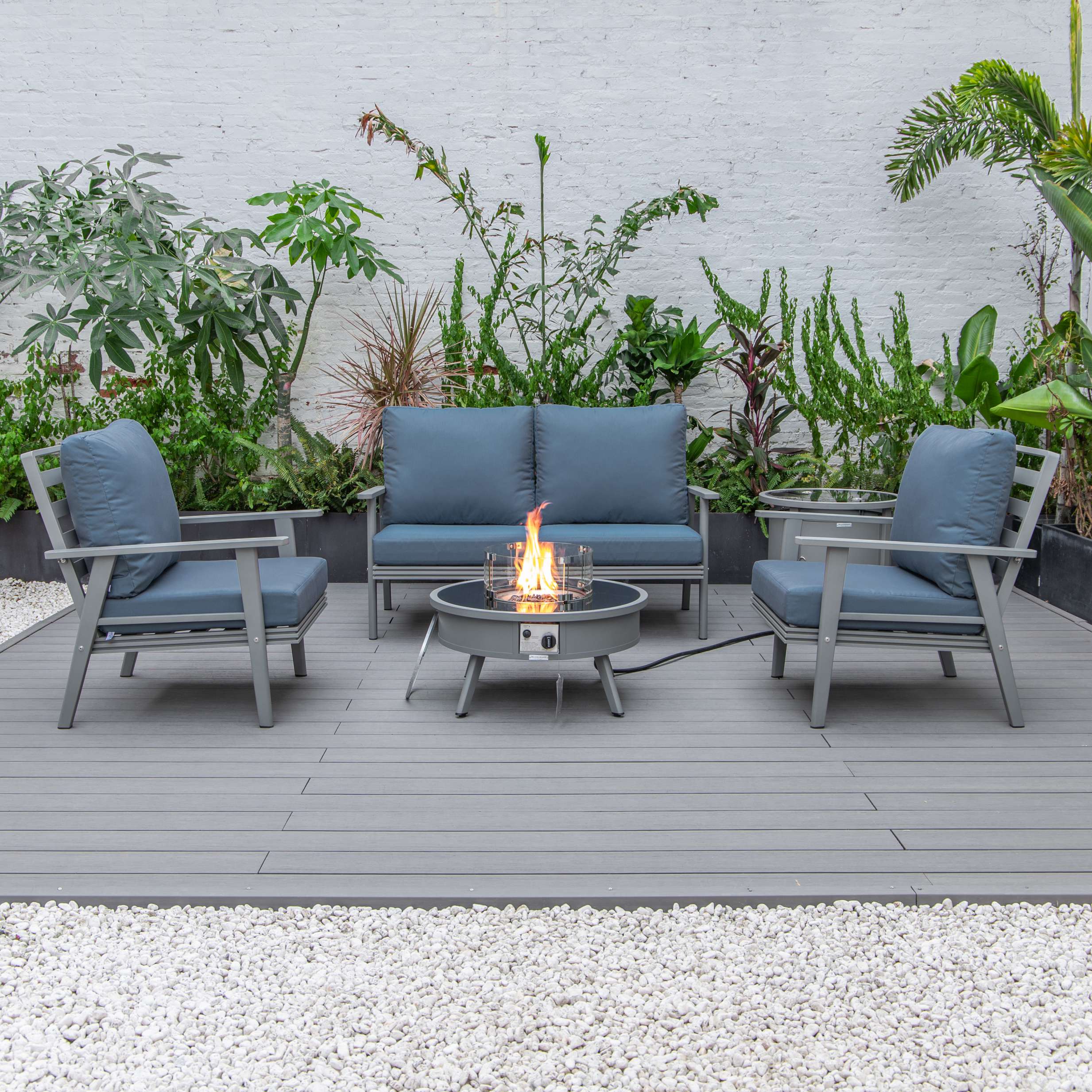LeisureMod Walbrooke Modern Grey Patio Conversation With Round Fire Pit & Tank Holder - Image 32